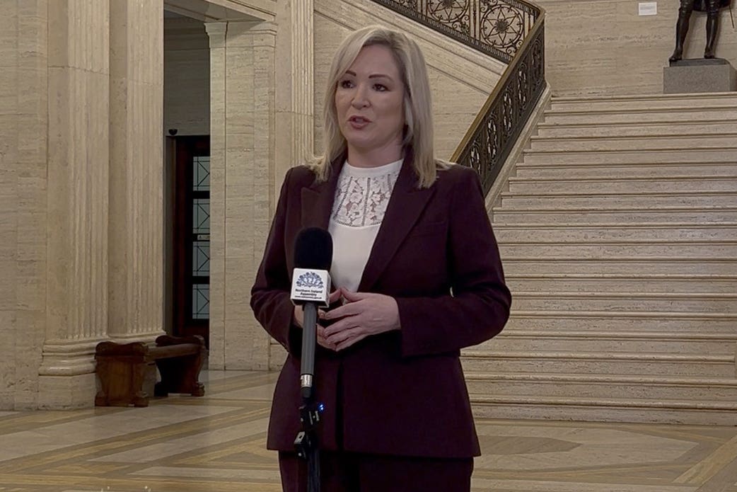 Sinn Fein vice president and First Minister Michelle O’Neill speaking at Stormont (PA)