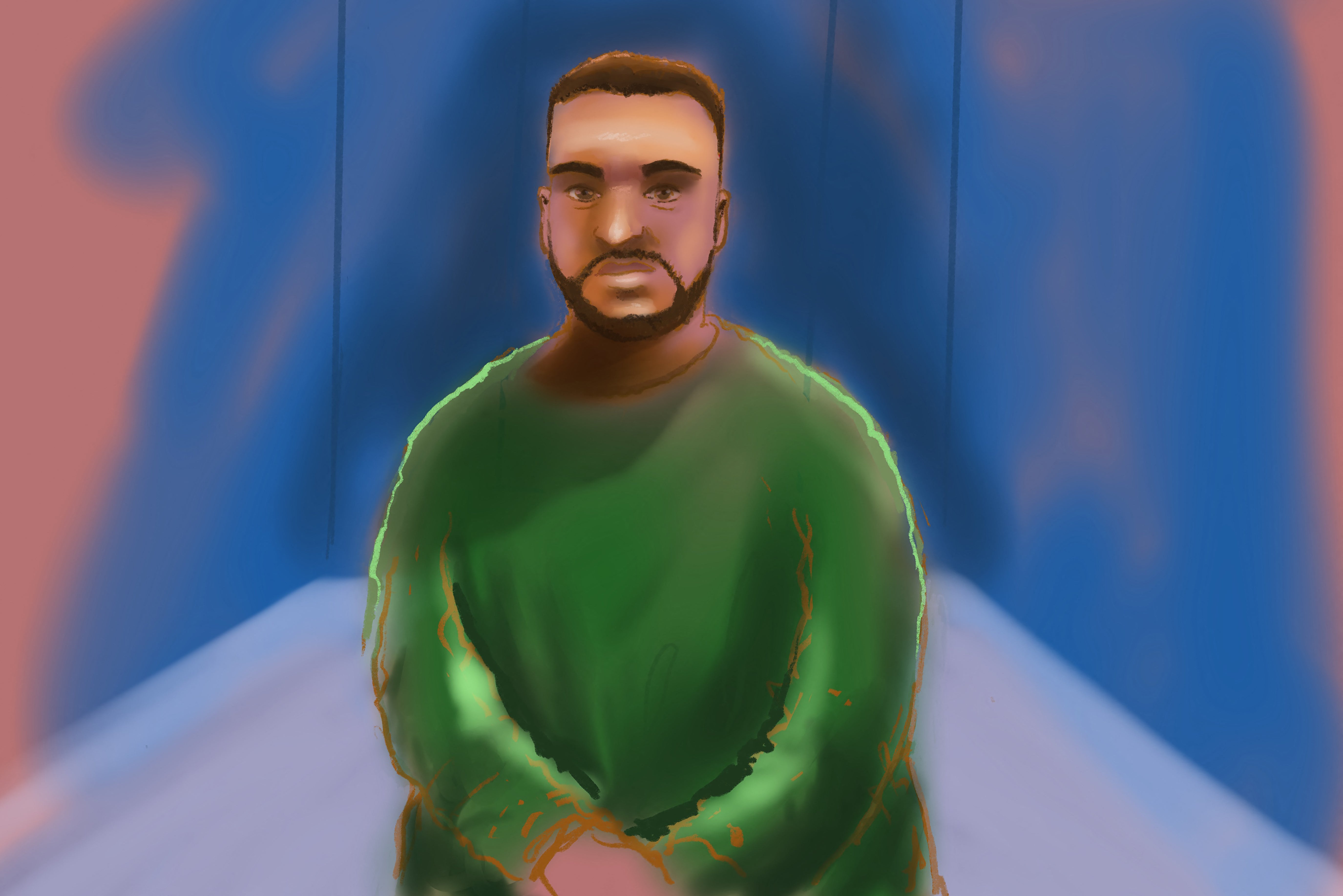 <p>A sketch by artist Rocco Fazzari shows accused Bondi shooter Naveed Akram appearing via video link at Downing Centre Local Court in Sydney</p>