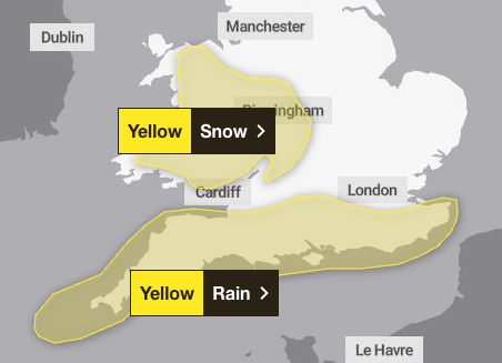 Yellow weather warning for rain has been issued across the south of England on Wednesday and Thursday