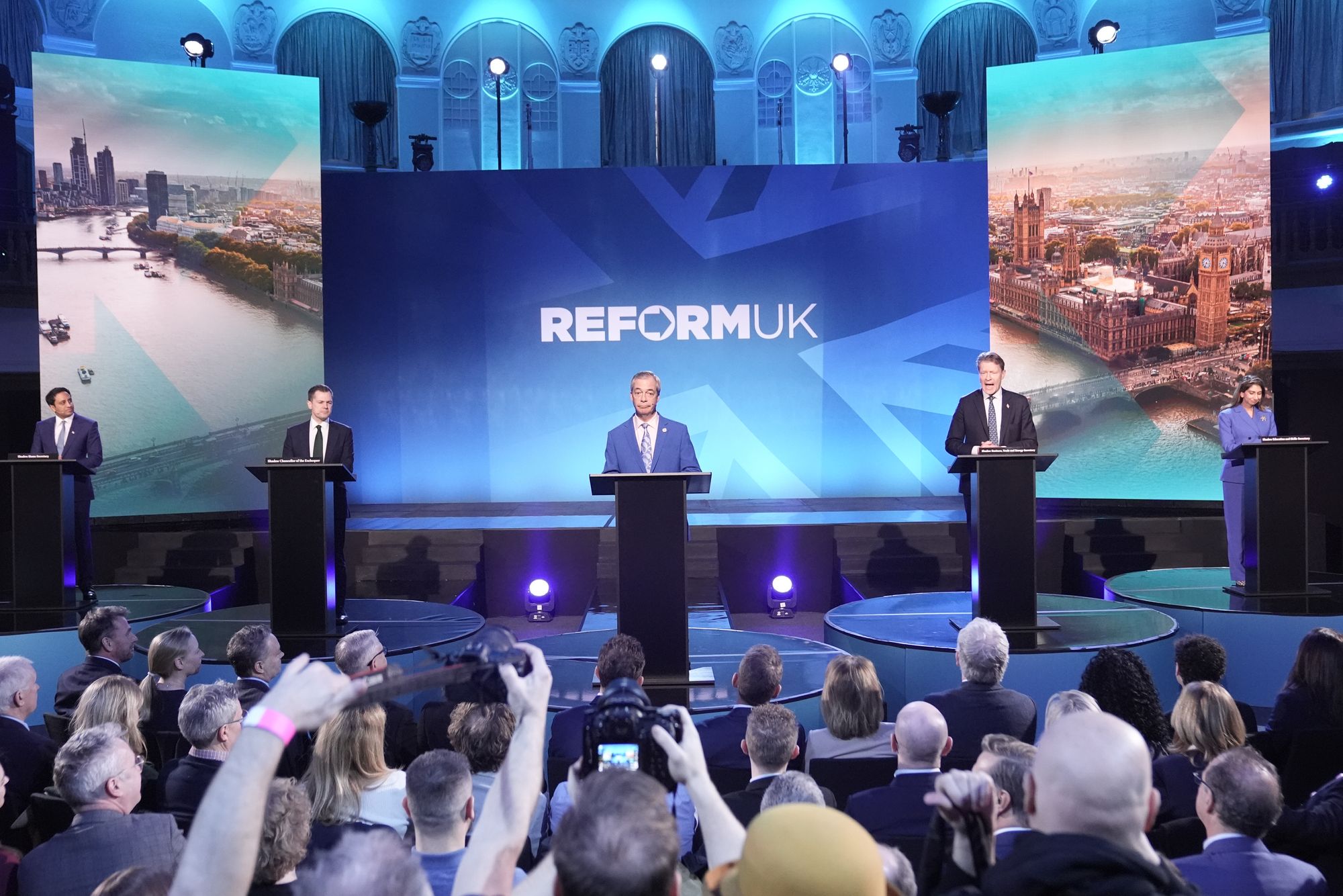 (left to right) Home affairs spokesman Zia Yusuf, Treasury spokesman Robert Jenrick, party leader Nigel Farage, business, trade and energy spokesman Richard Tice and education, skills and equalities spokeswoman Suella Braverman