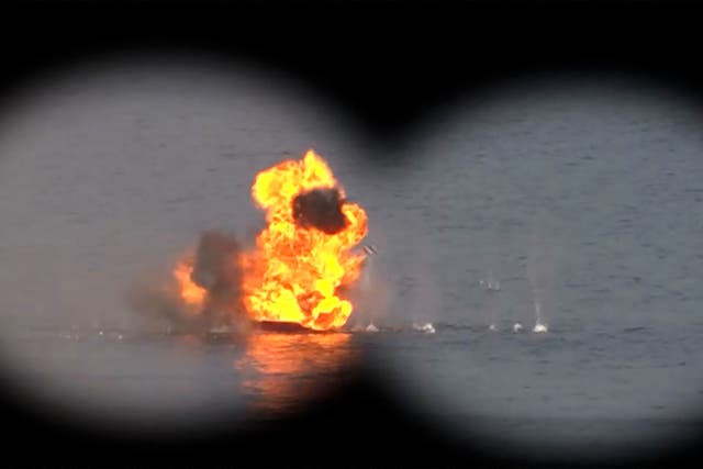 Iran's Revolutionary Guards Corps (IRGC)'s official website Sepanews on February 16, 2026, shows a target being hit during a military exercise by members of the IRGC and navy in the Gulf