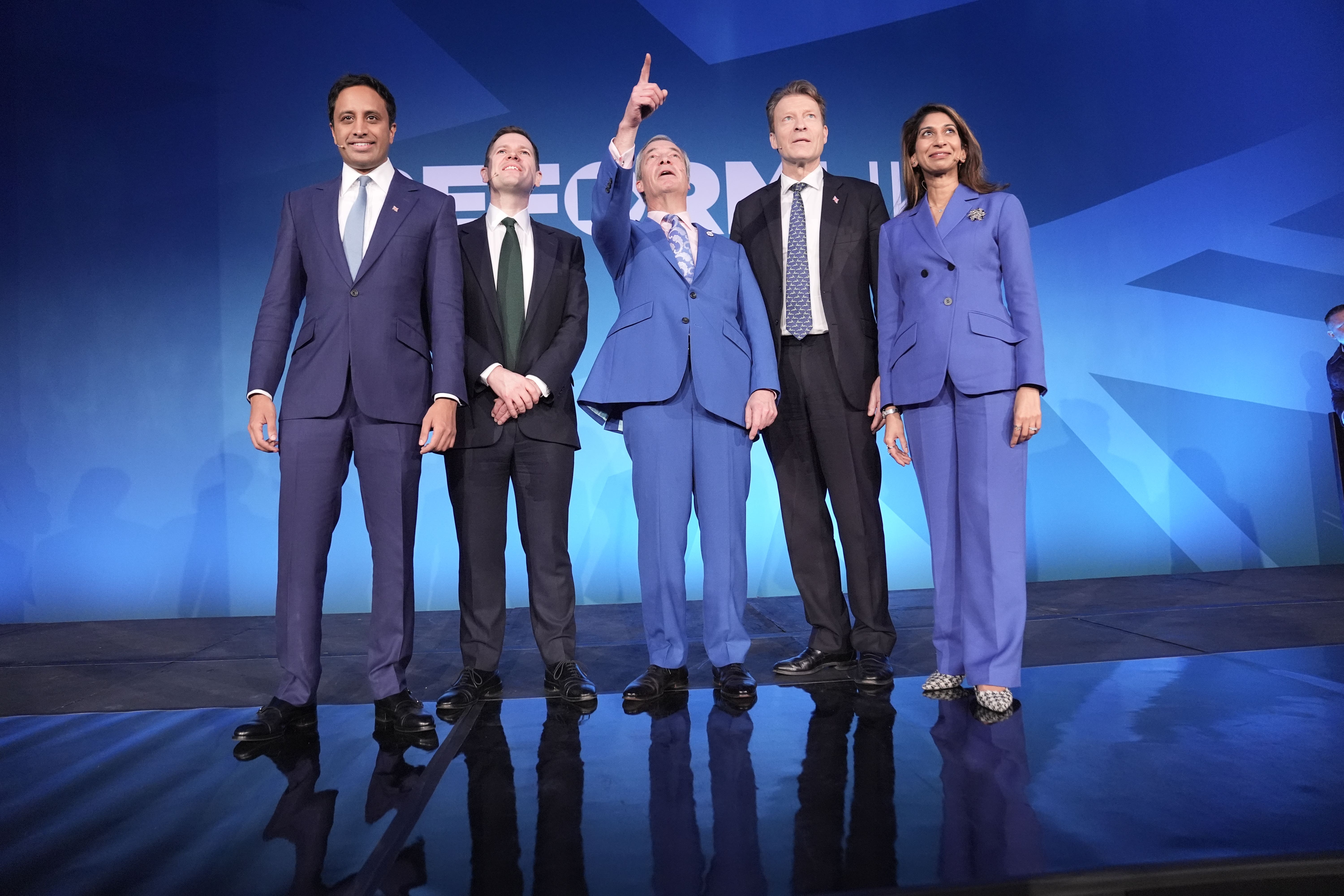 From left, Zia Yusuf, Robert Jenrick, Nigel Farage, Richard Tice and Suella Braverman (Stefan Rousseau/PA)