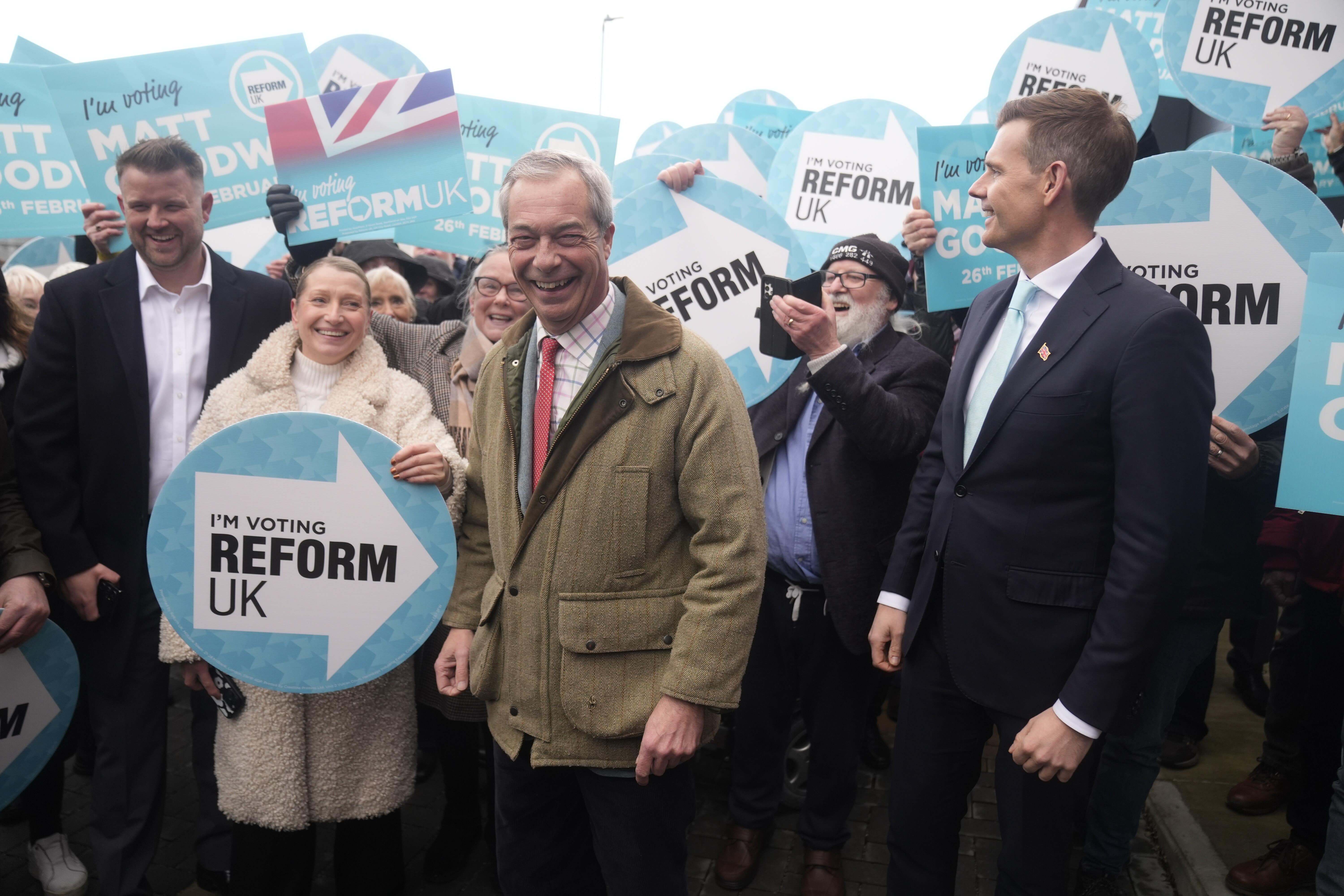 Reform leader Nigel Farage is hoping his party’s lead in national opinion polls will translate into success at the Gorton & Denton by-election on February 26, where Reform’s candidate is Matt Goodwin (Danny Lawson/PA)