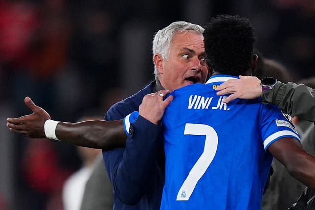 <p>Vinicius Jr in conversation with Benfica boss Jose Mourinho after the inicedent</p>