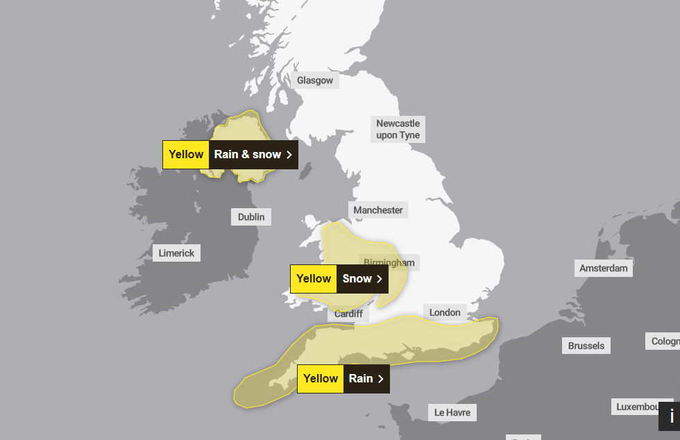 On Wednesday yellow warnings are in place over all of southern England and most of Wales and Northern Ireland