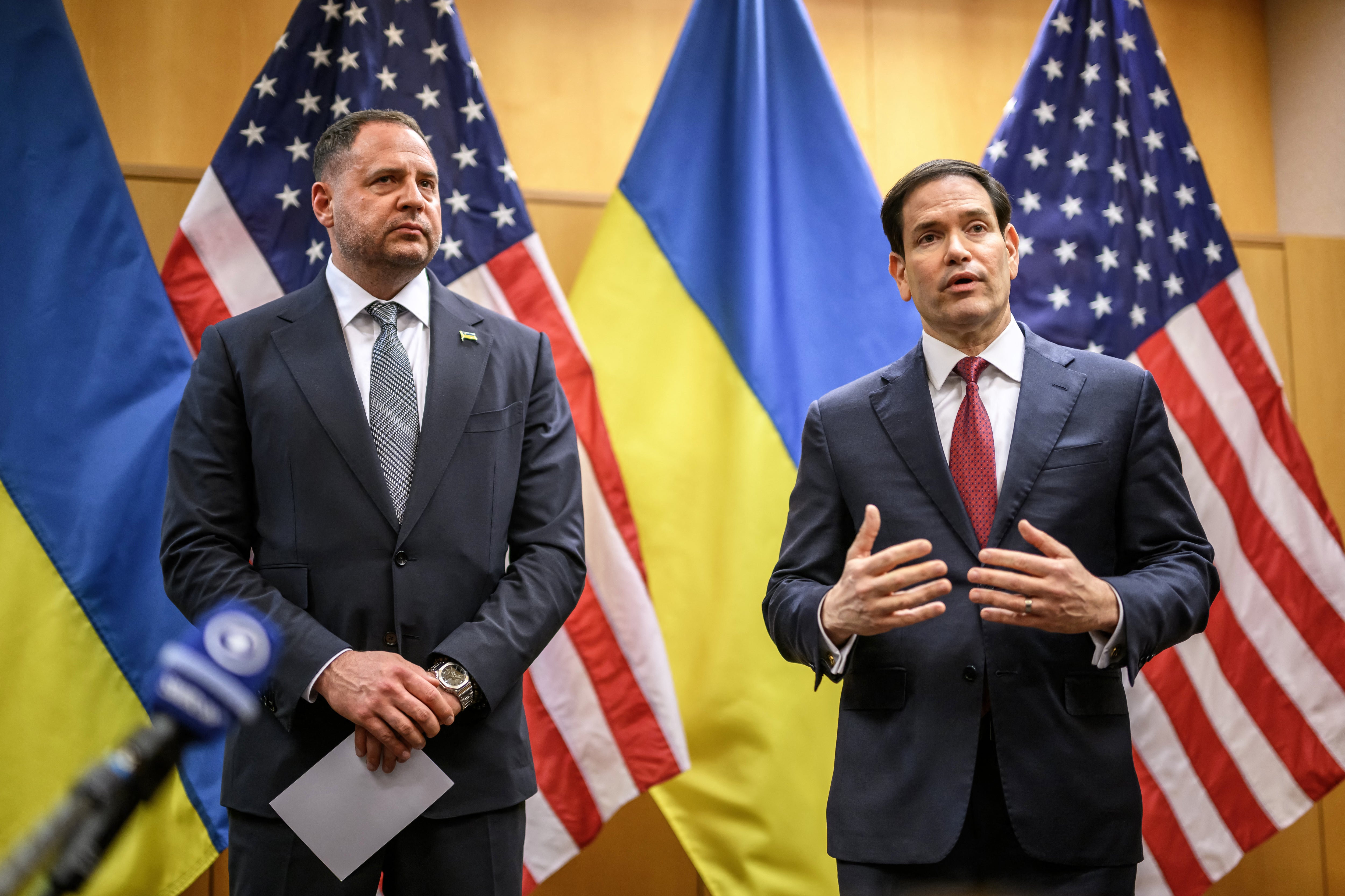 US secretary of state Marco Rubio and Ukraine's presidential office chief of staff Andriy Yermak hold a press conference following their closed-door talks on a US plan to end the war in Ukraine at the US Mission in Geneva