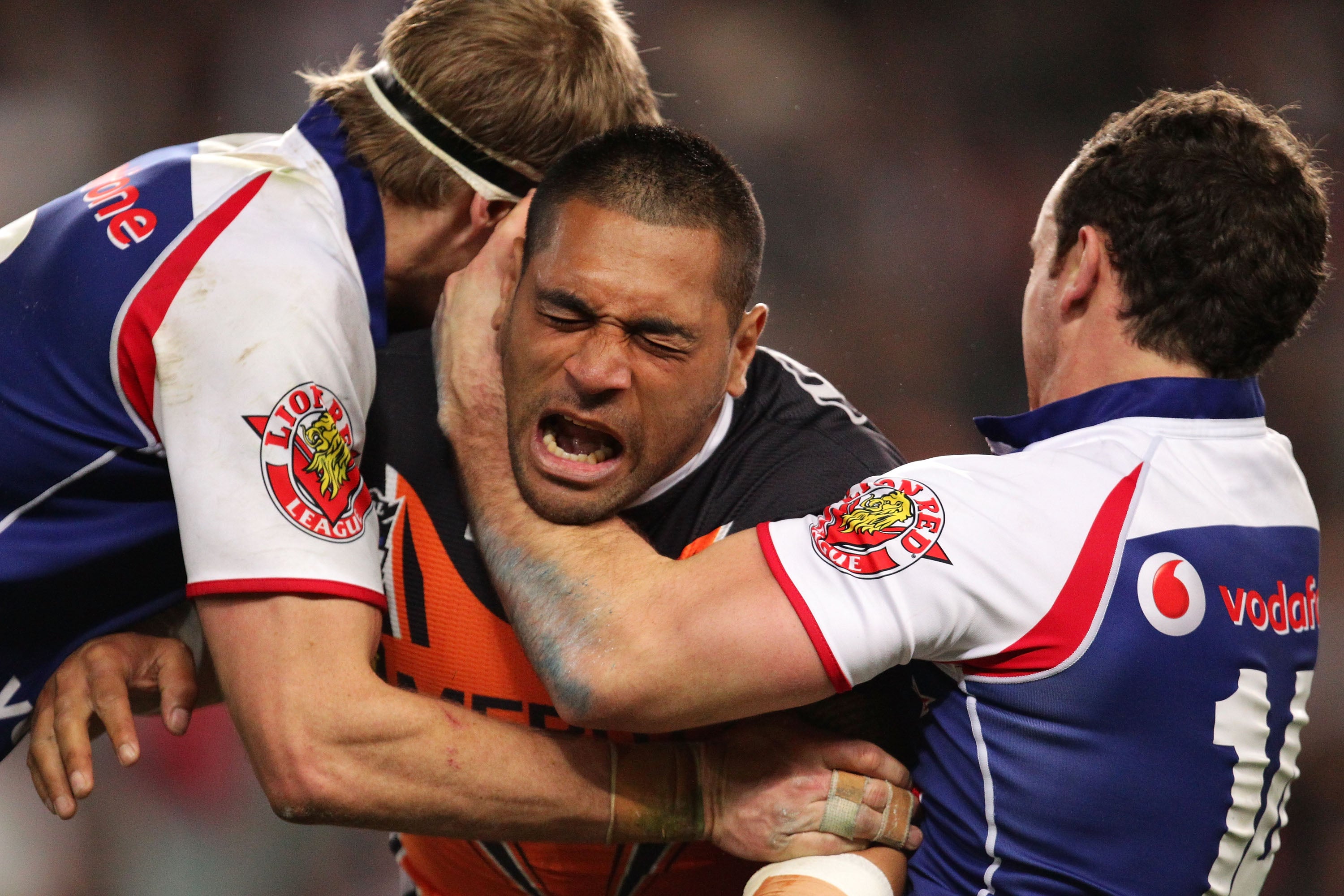 Matt Utai of the Tigers loses the ball in a tackle during the NRL first semi final match between the Wests Tigers and the New Zealand Warriors at Sydney Football Stadium on September 16, 2011 in Sydney, Australia. (Photo by Matt King/Getty Images)