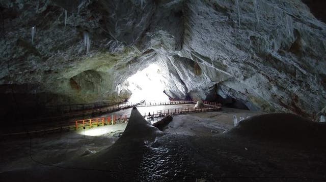<p>Scarisoara Ice Cave in Romania, home to the microorganism Psychrobacter SC65A.3 hidden in a 5,000-year-old piece of ice</p>