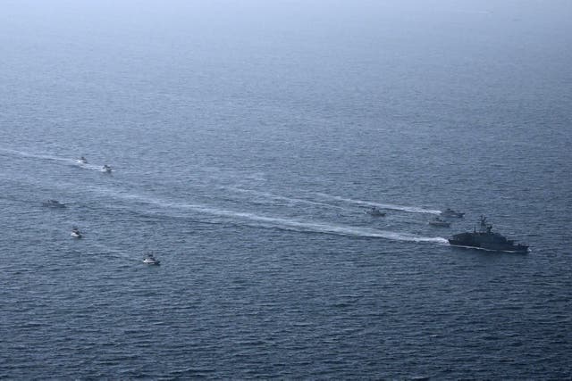 This handout photo released by Iran's Revolutionary Guards Corps (IRGC)'s official website Sepanews on February 16, 2026, shows navy ships during a military exercise by members of the IRGC and navy in the Gulf.