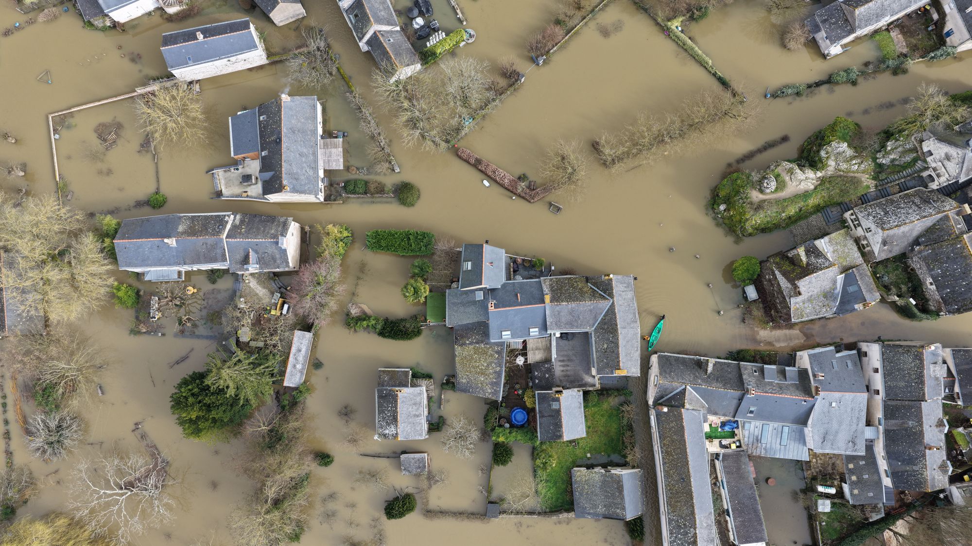 Residential buildings submerged by the overflowing Loire River in Denee, western France