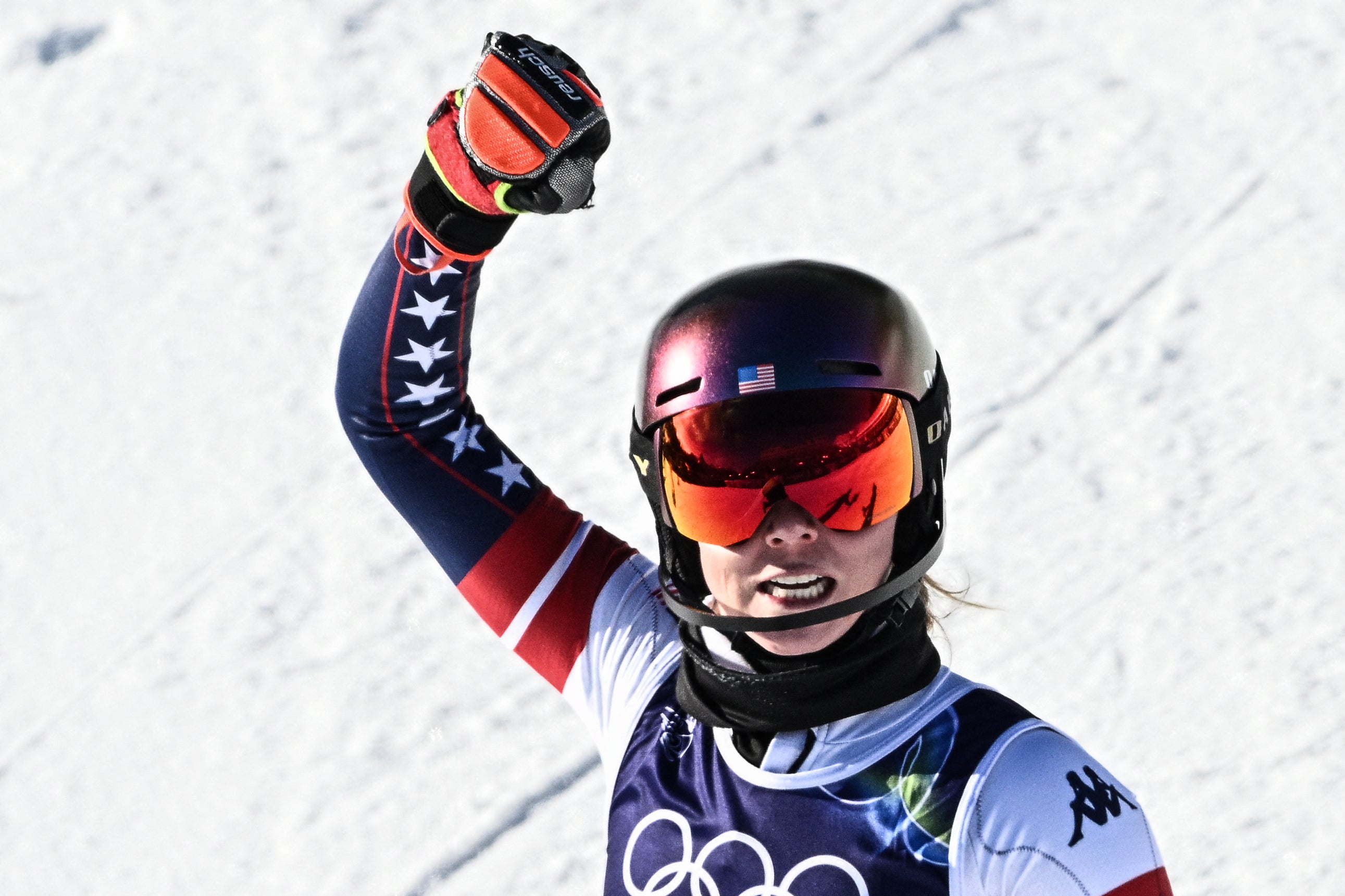USA's Mikaela Shiffrin celebrates after winning the women's slalom event