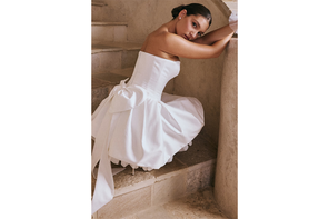 House of CB white satin strapless bow mini gown