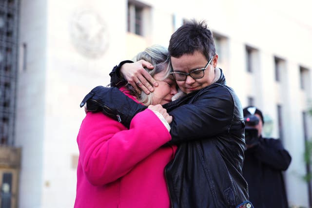 <p>Bereaved parents outside a Los Angeles courtroom, where a bellwether lawsuit against tech giants could set the course for the 1,600 other plaintiffs across the country</p>
