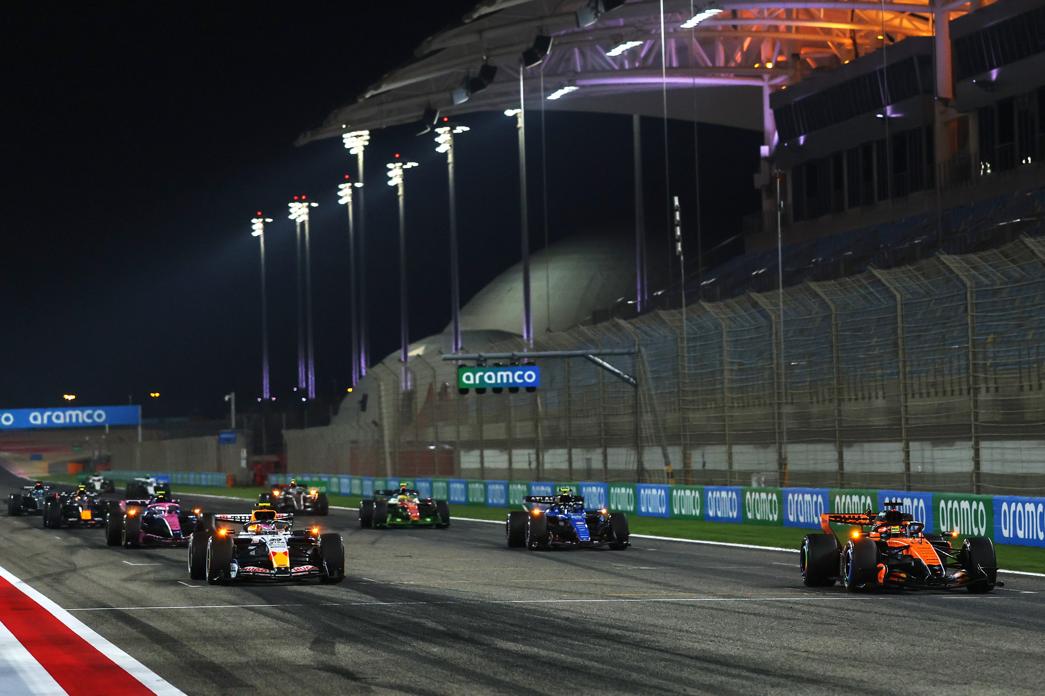 <p>Multiple drivers practice their race start procedures during day one of F1 Testing at Bahrain International Circuit</p>