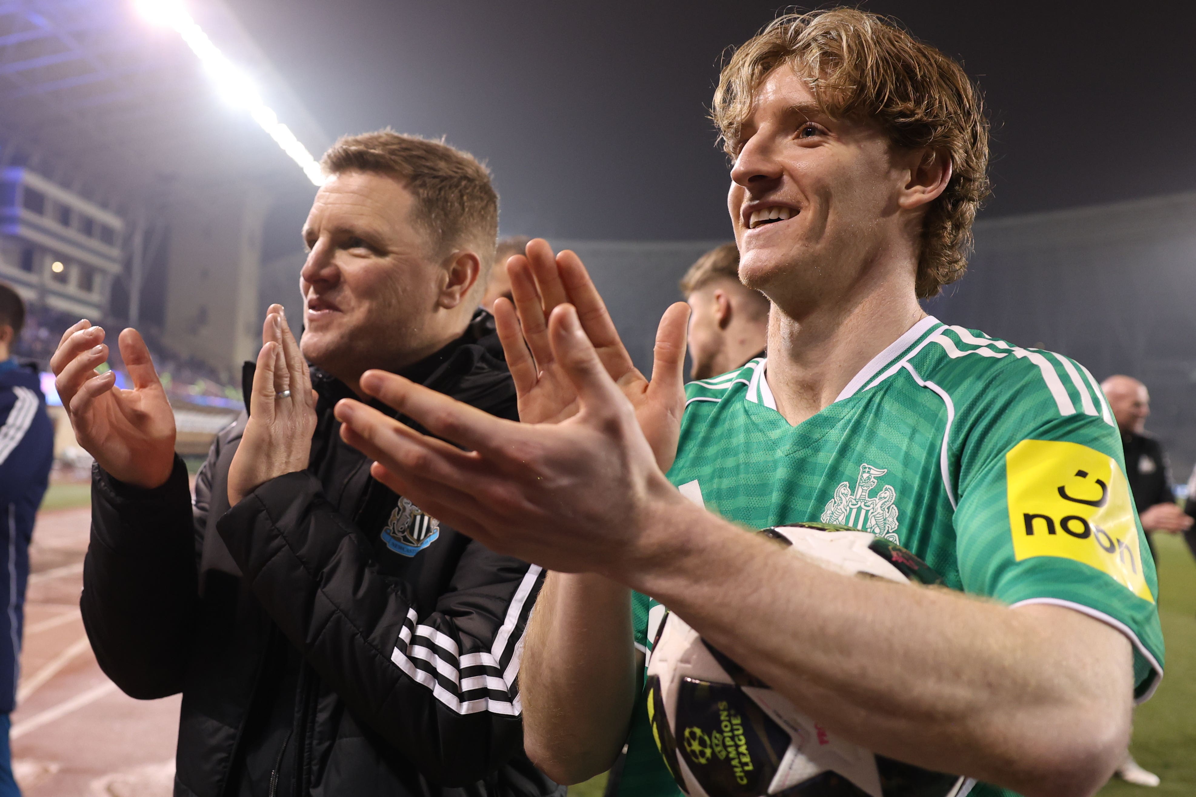 Newcastle boss Eddie Howe (left) was full of praise for striker Anthony Gordon after his four goals in a 6-1 Champions League win at Qarabag (AP/PA)