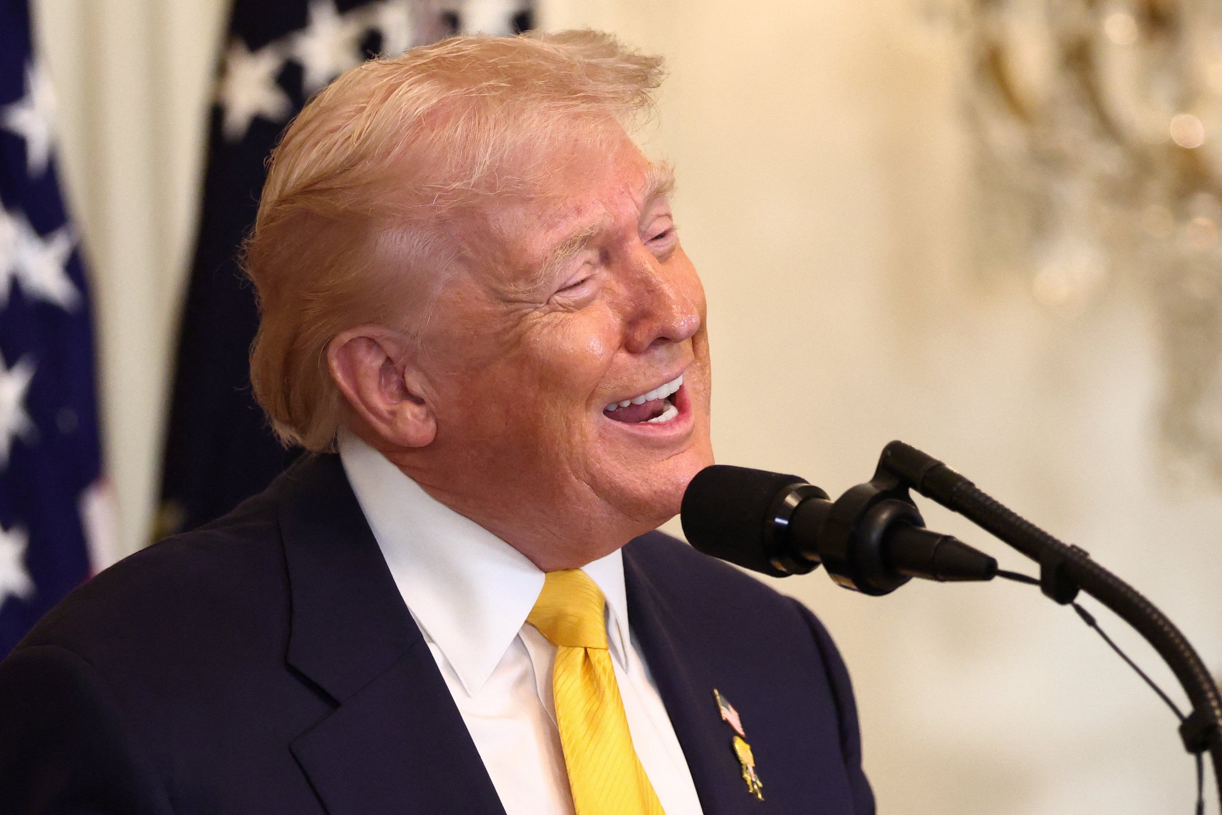 <p>U.S. President Donald Trump speaks during a Black History Month reception at the White House in Washington, D.C., U.S., February 18, 2026.  REUTERS/Kevin Lamarque</p>