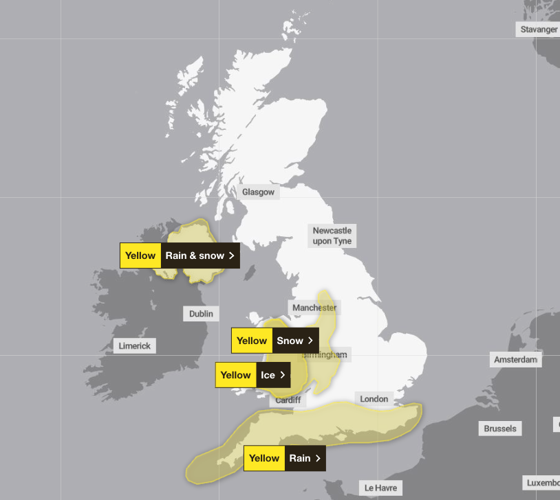 Yellow weather warnings are in place snow, rain and ice