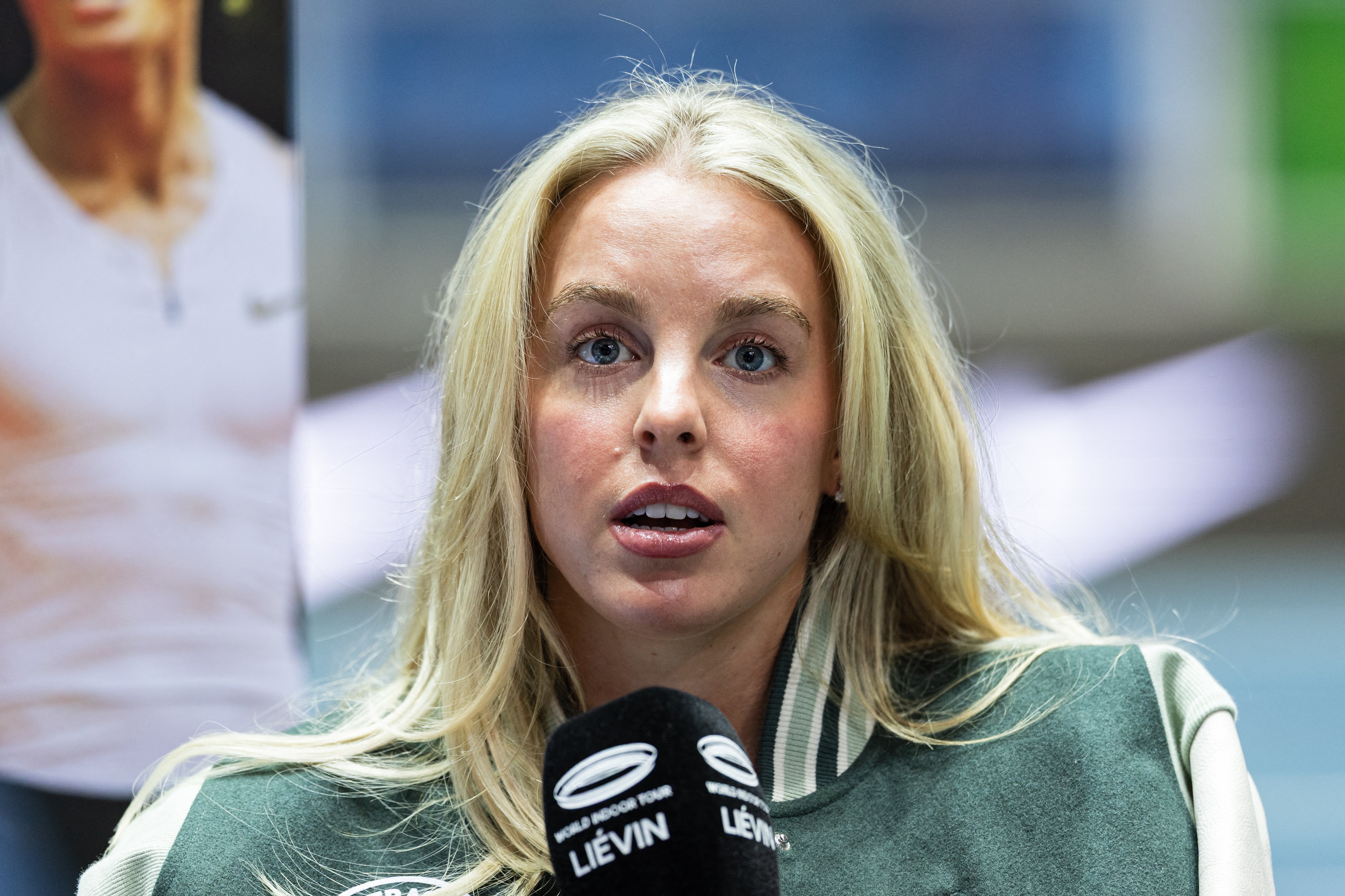 Britain's athlete Keely Hodgkinson speaks as she attends a press conference at the World Indoor Tour Gold in Lievin