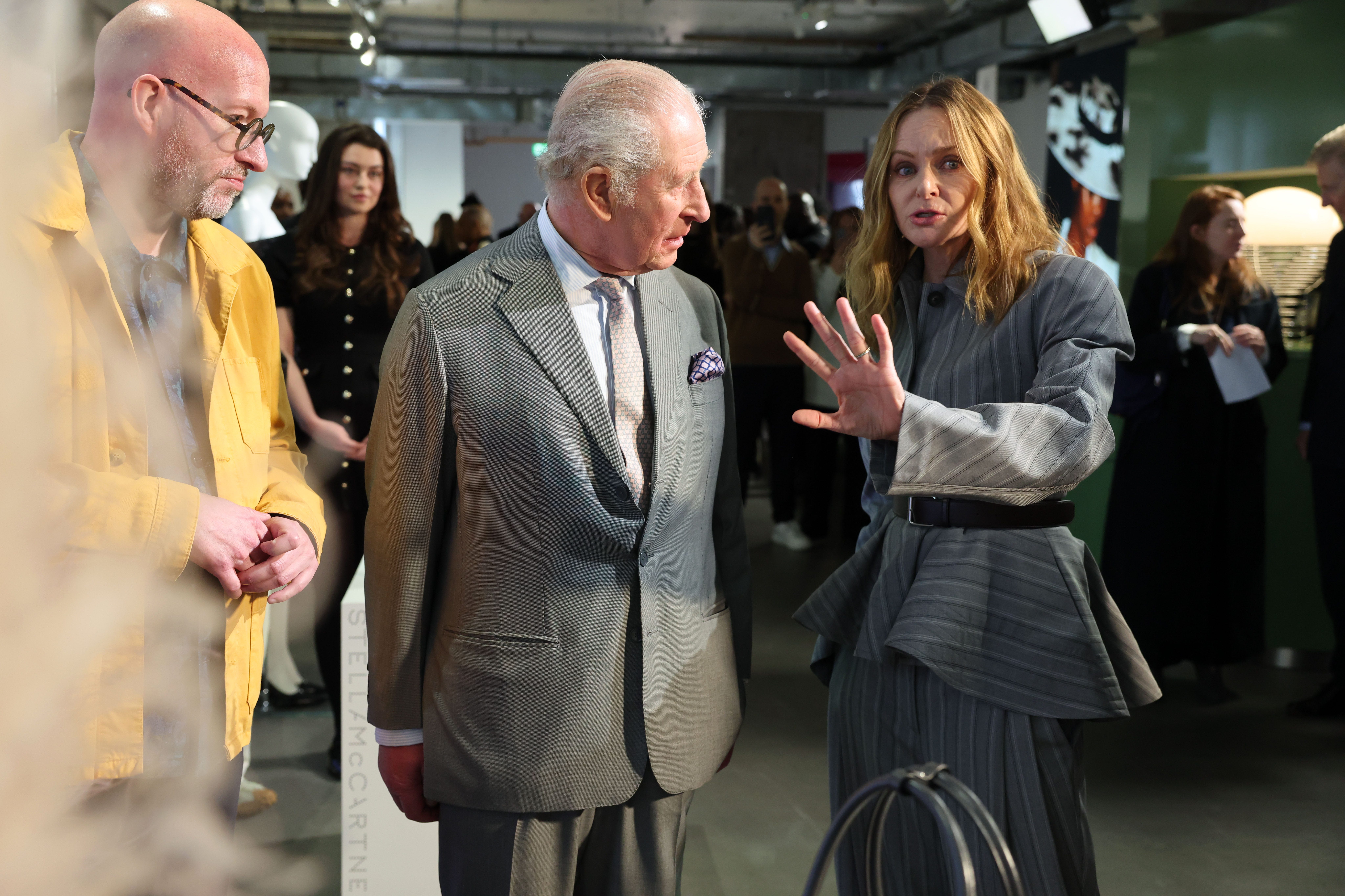 The King and Stella McCartney view an exhibition celebrating sustainable British innovation (Richard Pohle/The Times/PA)