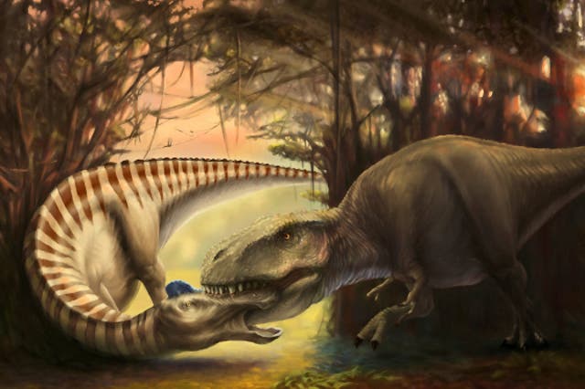 <p>La obra titulada 'The Bite' reconstruye los últimos momentos del Edmontosaurus</p>