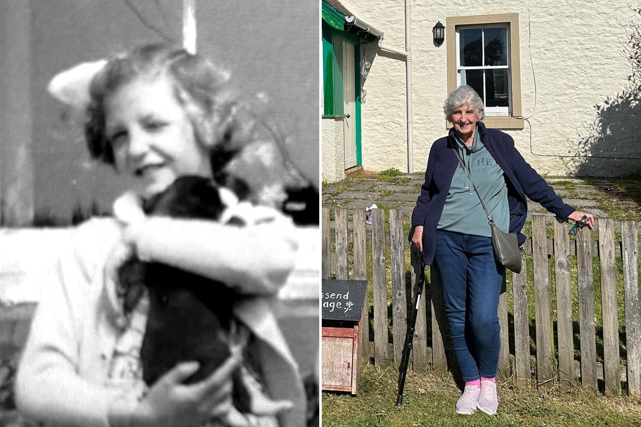Gordon’s mother, Kathleen, outside Mossend in the 1950s and during her recent visit