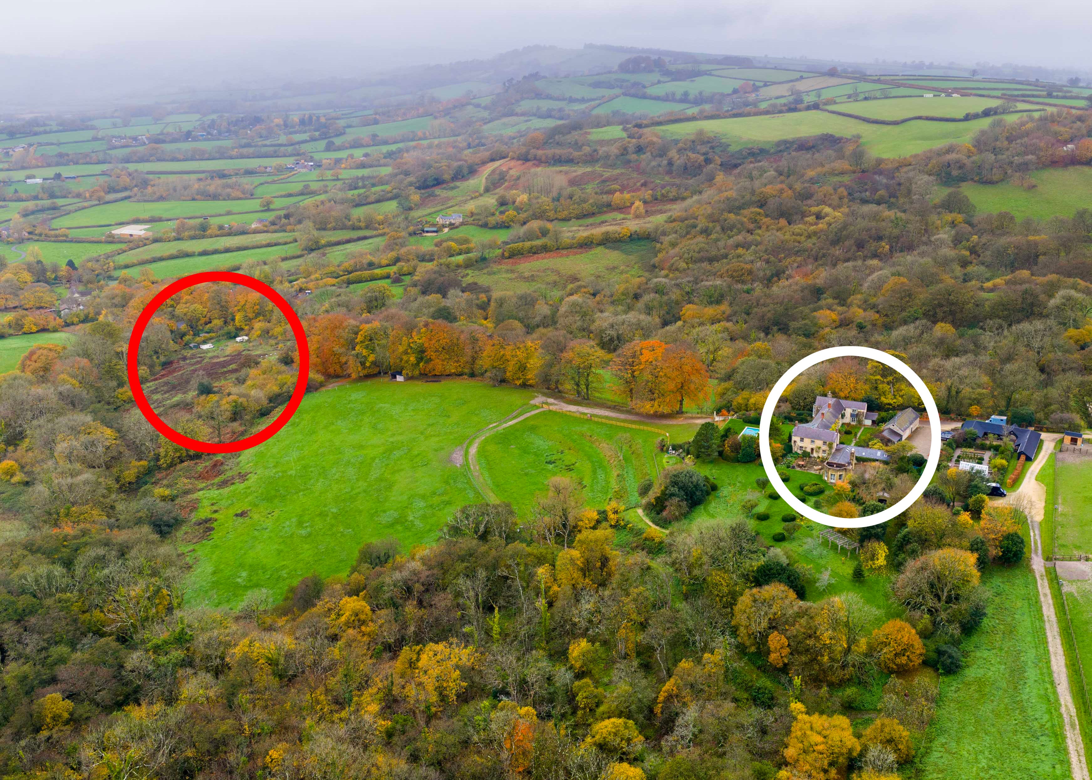 View showing Martin Clunes house on the right and Theo Langtona's woodland travellers site on the left