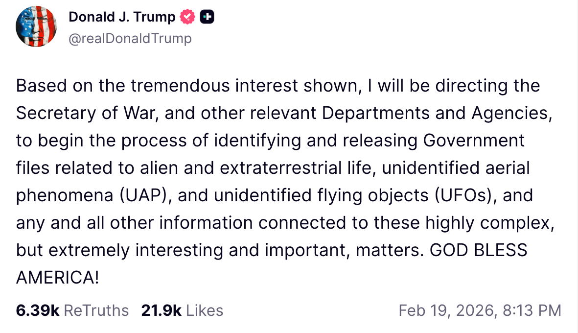 Trump said he would direct agencies and departments to begin releasing their files on 'alien and extraterrestrial life'