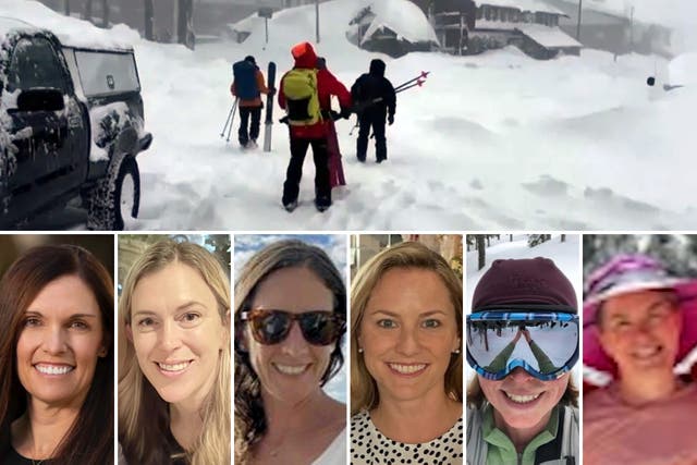 <p>(Above) Rescue efforts around Castle Peak </p><p>(Below) The six women who perished in an avalanche on Tuesday</p>