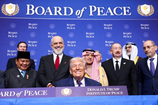 <p>US president Donald Trump, Indonesia’s president Prabowo Subianto, Albania’s prime minister Edi Rama, Saudi minister of state for foreign affairs, cabinet member, and climate envoy Adel Al-Jubeir, Azerbaijani president Ilham Aliyev, and Jordan’s foreign minister Ayman Safadi attend the inaugural Board of Peace meeting at the US Institute of Peace in Washington DC, US, 19 February 2026</p>