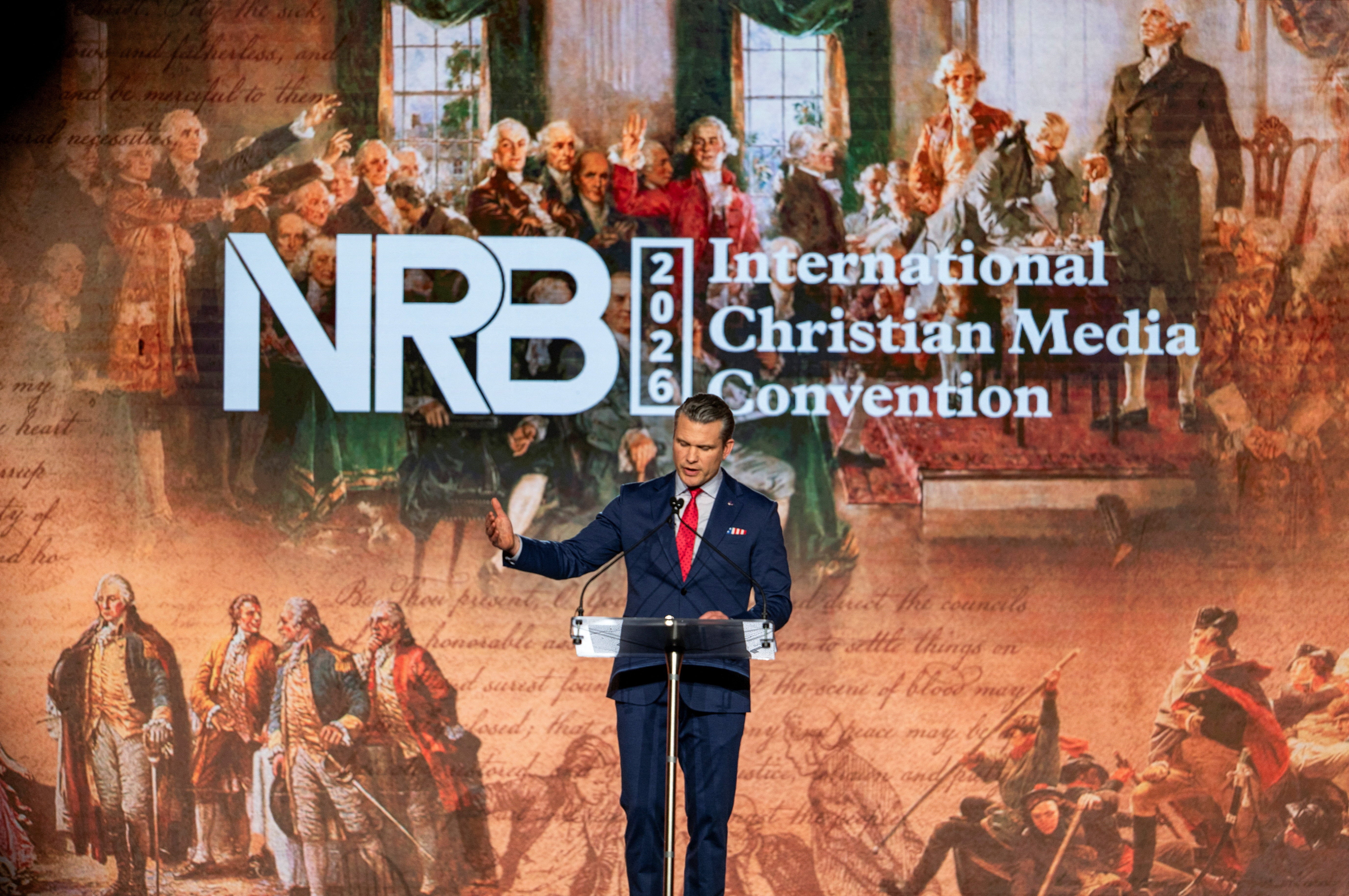 Defense Secretary Pete Hegseth delivers remarks during the 2026 National Religious Broadcaster’s event in Nashville