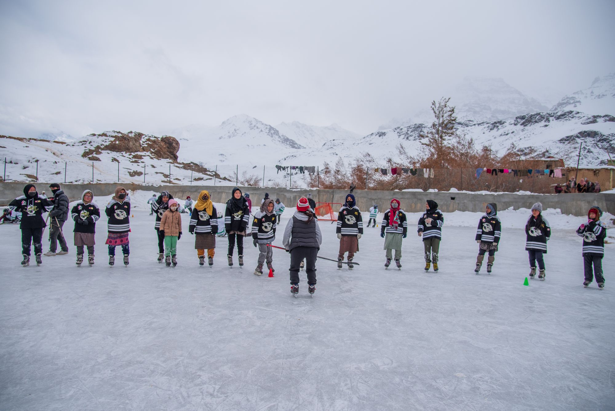 Ice hockey training on a frozen lake in Ladakh