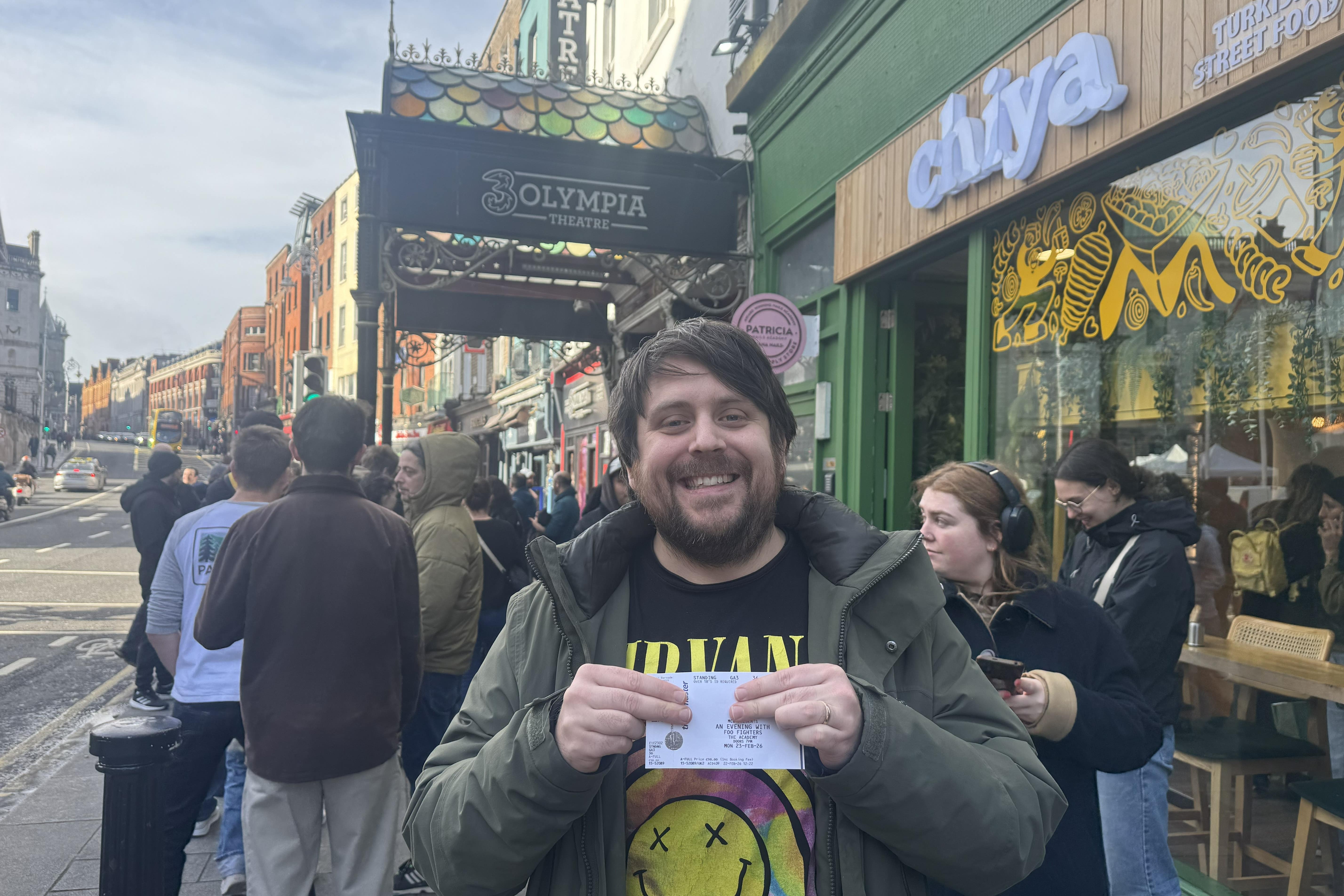 Foo Fighters fan Colm Scott-Byrne with his ticket to Monday night’s gig in Dublin
