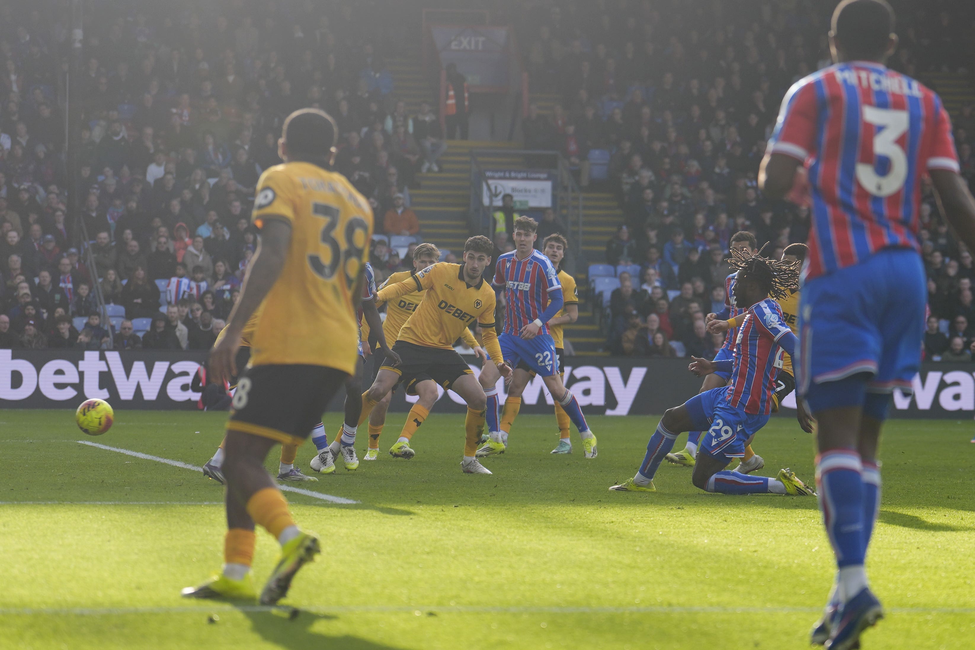 Evann Guessand (centre right) netted a late winner for Crystal Palace (Jordan Pettitt/PA)