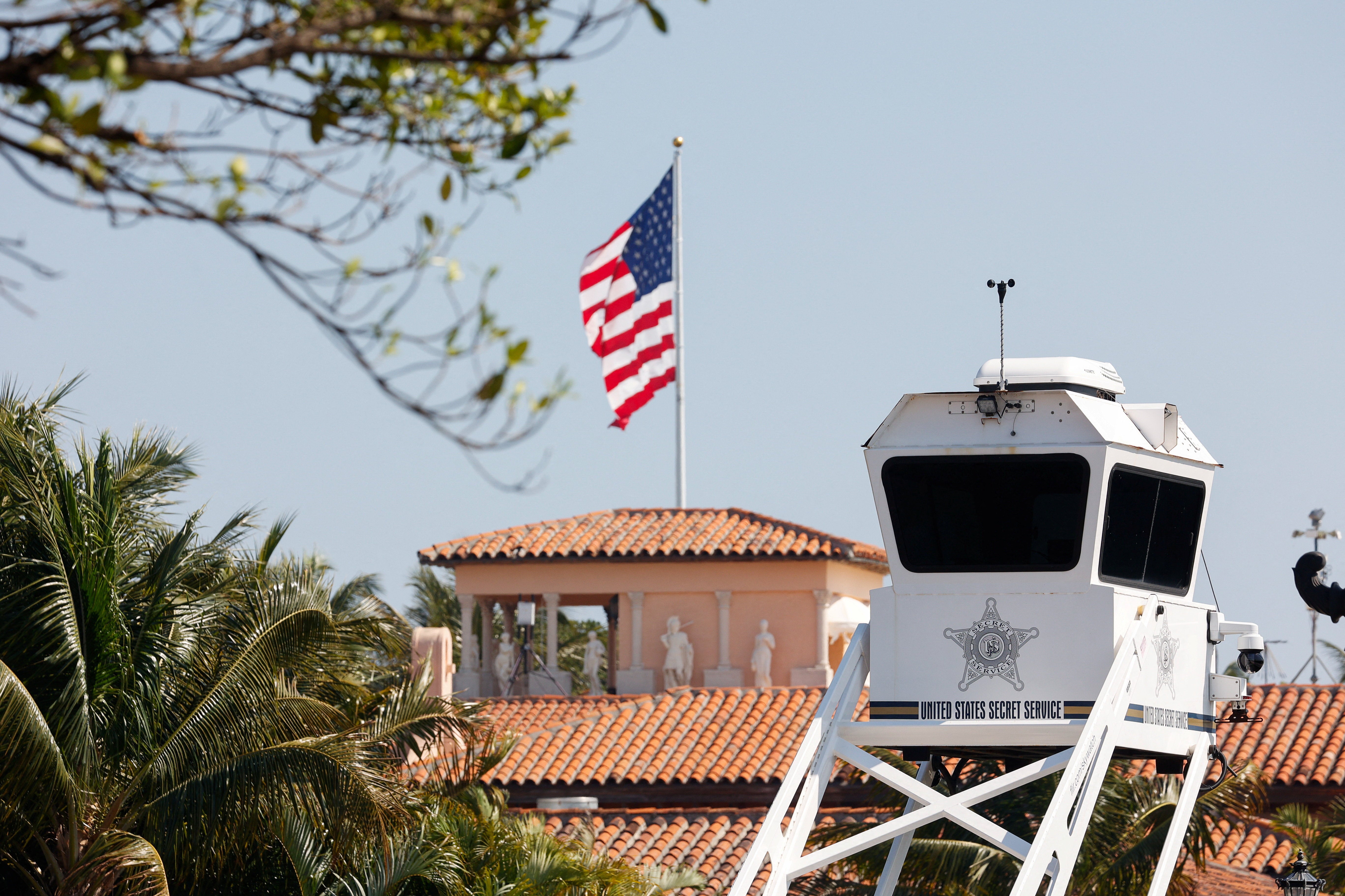 A Secret Service security tower at Mar-a-Lago, pictured February 22, after agents confronted the suspect and fatally shot him following the security breach.
