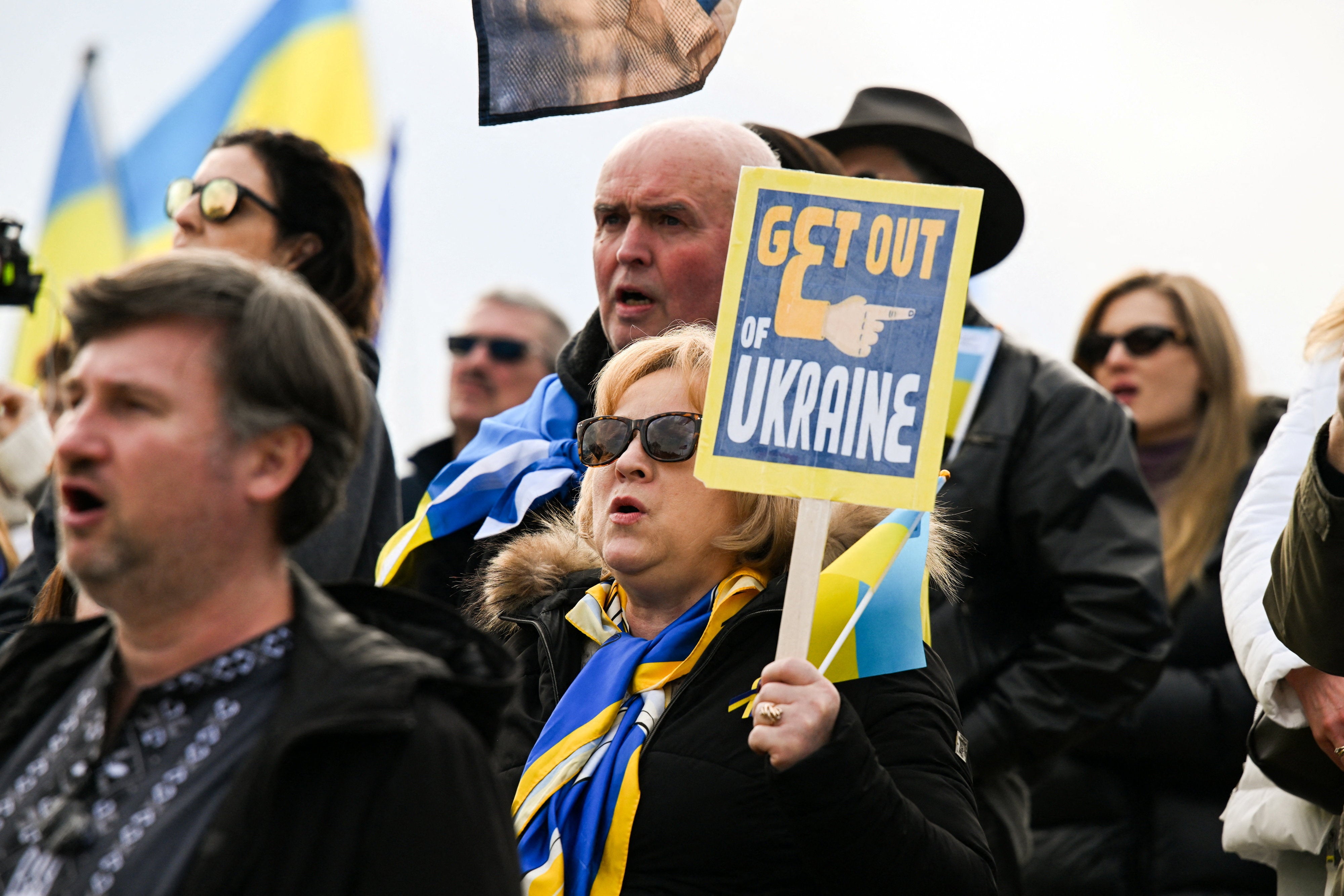 Demonstrators participate in a rally to mark the fourth anniversary of the full-scale Russian invasion of Ukraine, at the Lincoln Memorial in Washington, D.C.