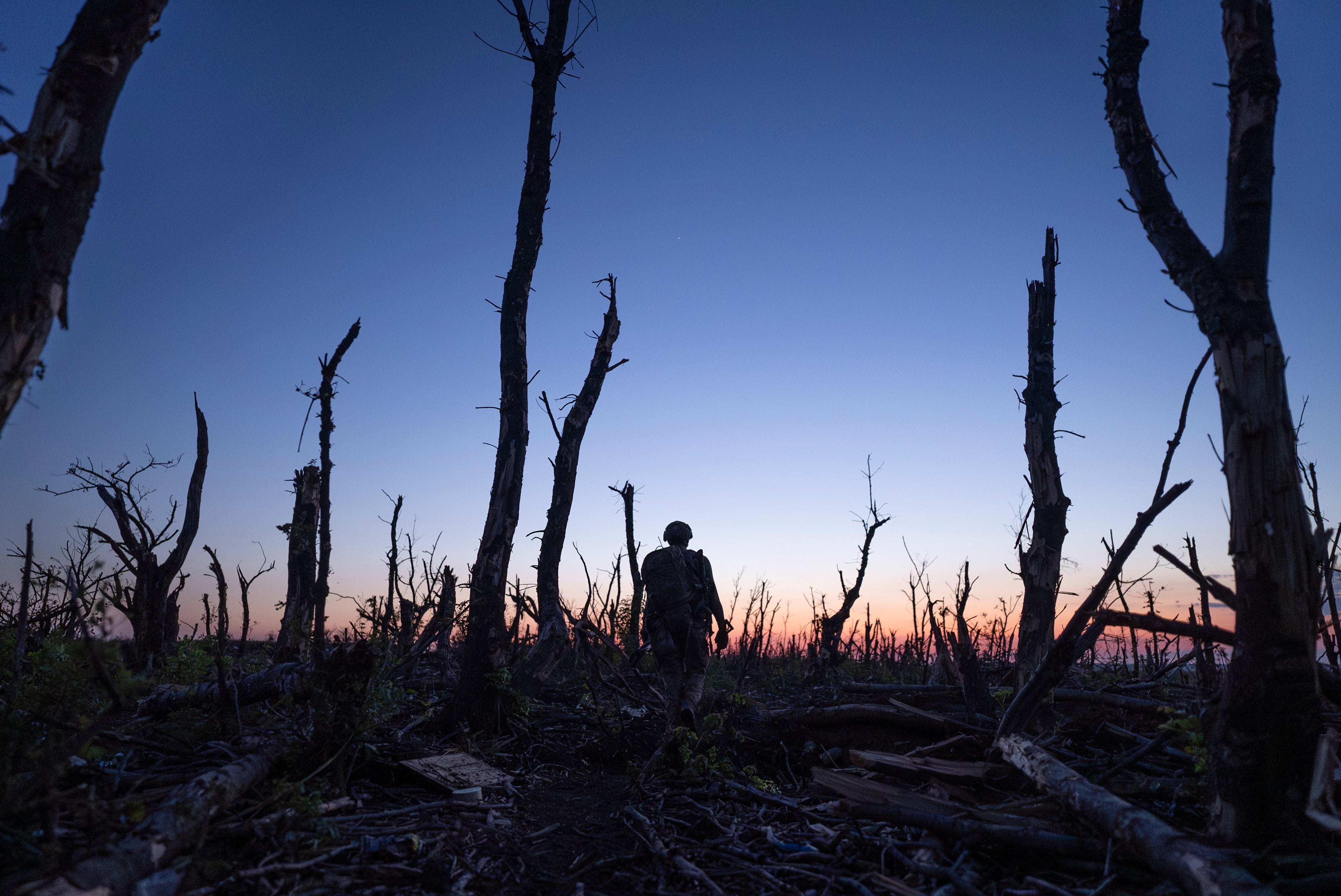 Ukrainian servicemen walk through a charred forest at the frontline, a few kilometres from Andriivka