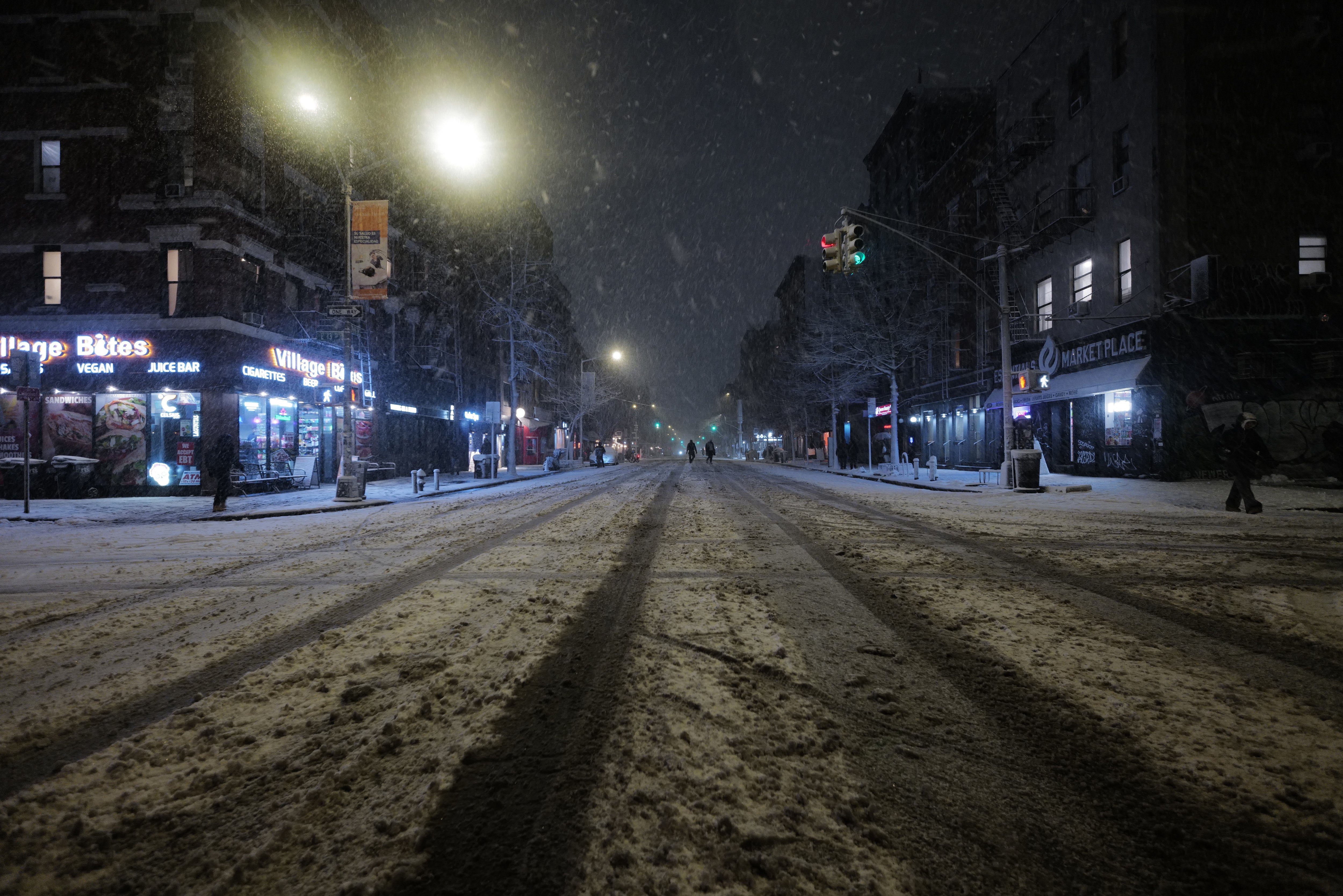 Snow falls in Alphabet City, New York