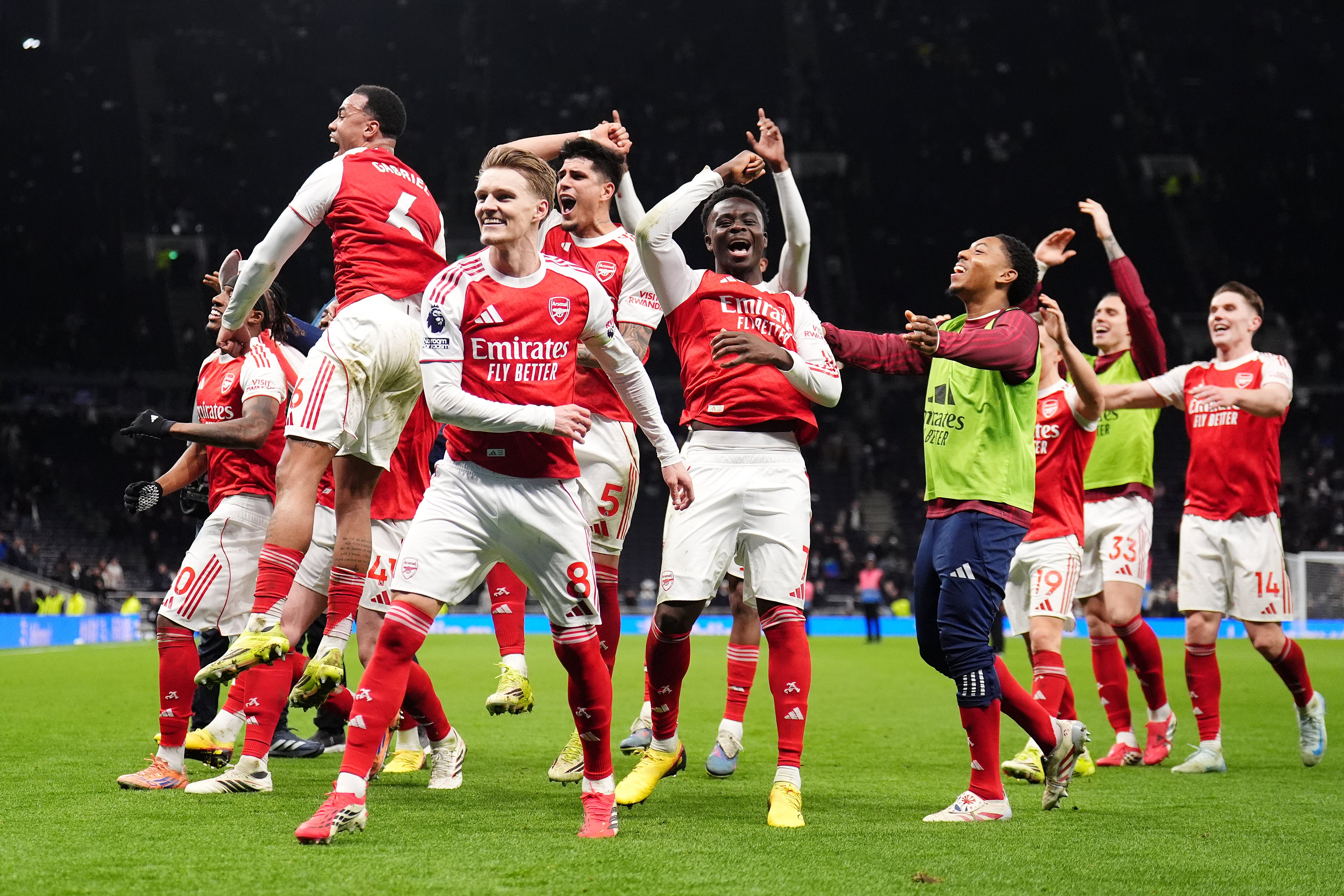 Arsenal players celebrated a dominant display with their fans (John Walton/PA)