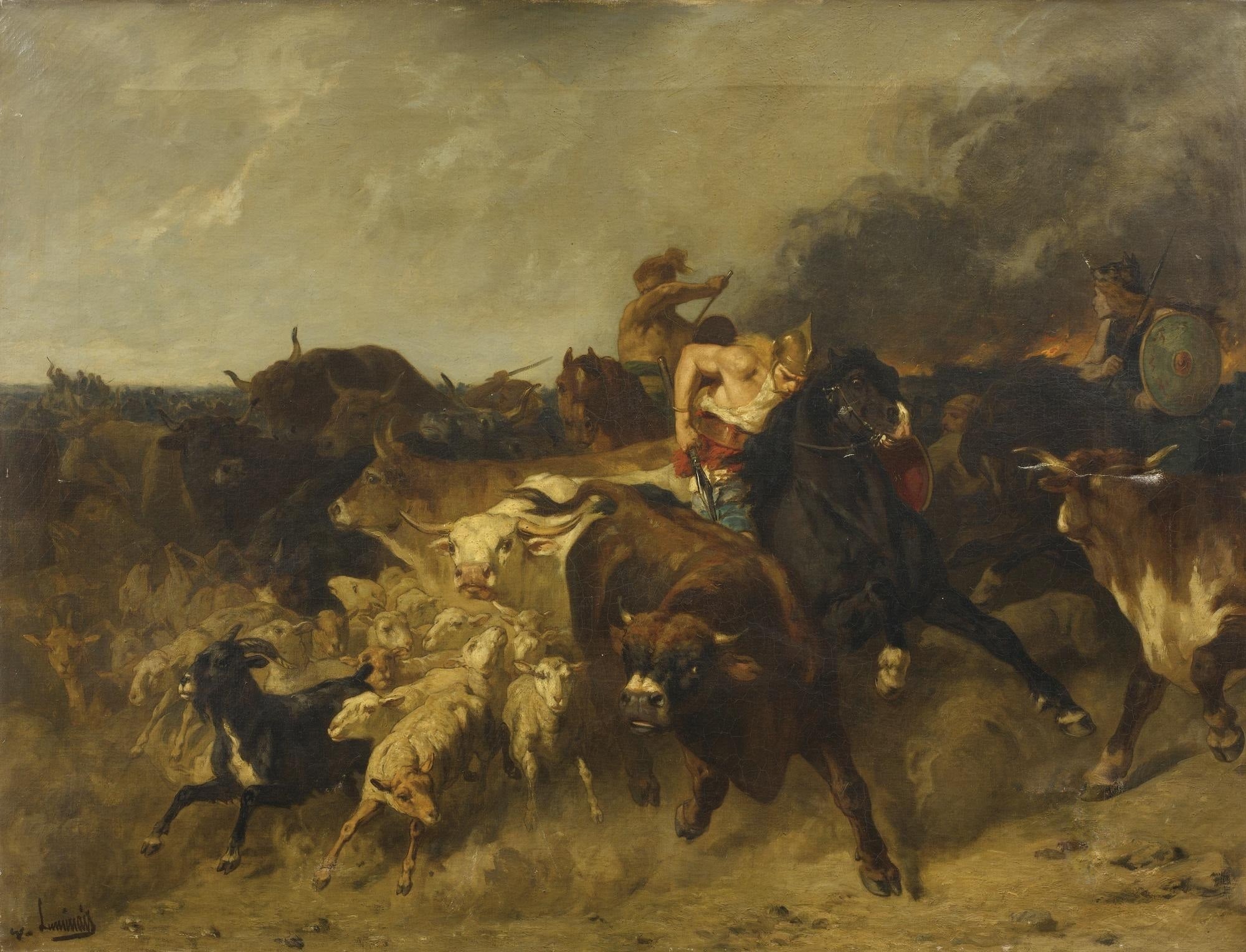 Железный век часто называют особенно жестокой эпохой. На этой французской картине XIX века Эвариста Витале Люминэ изображены некоторые европейские воины железного века, участвующие во враждебных действиях против конкурирующей группы – в данном случае нападающие на их домашний скот.