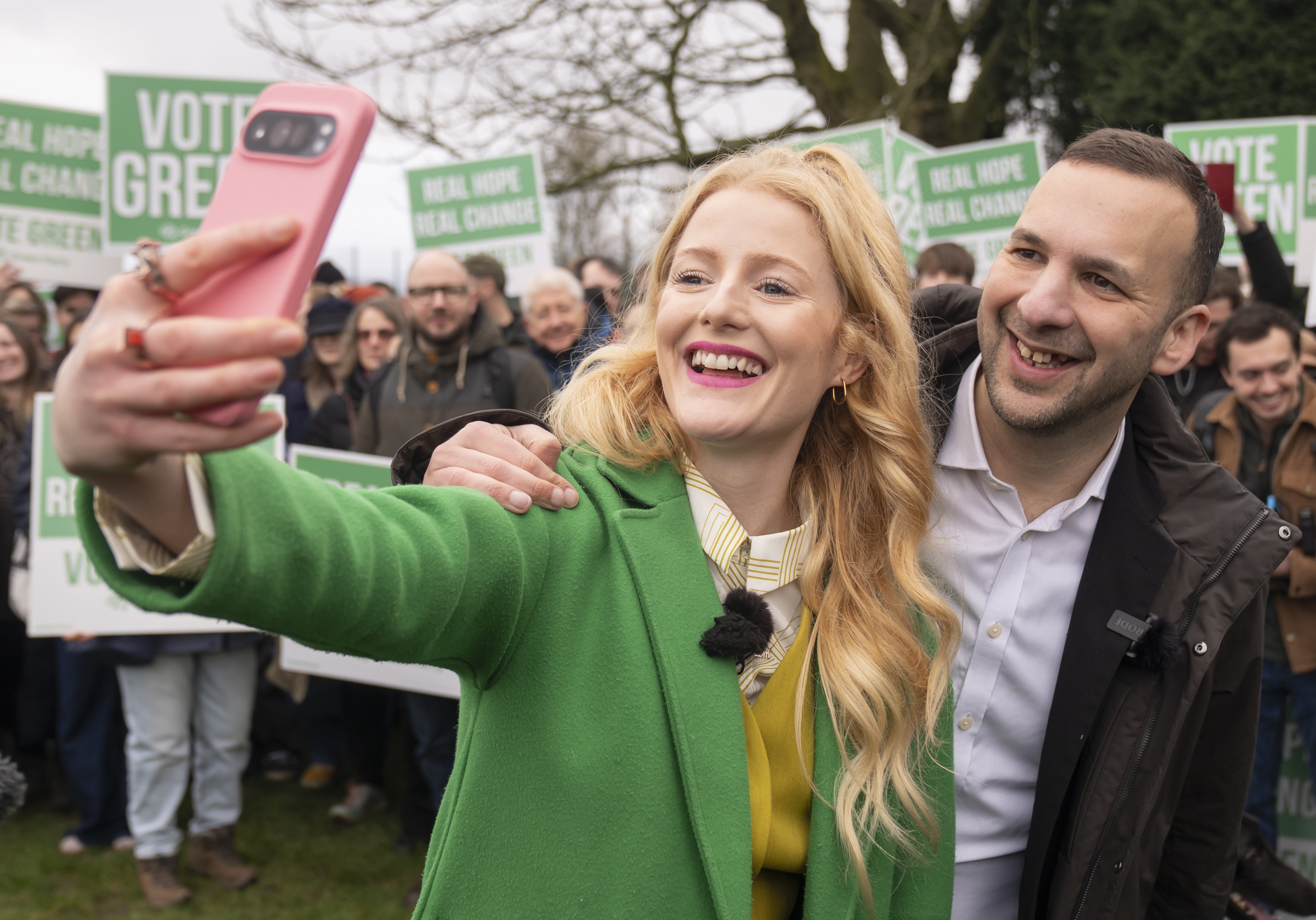 Green Party leader Zack Polanski with candidate Hannah Spencer, who hopes to win the Gorton and Denton seat (Danny Lawson/PA)