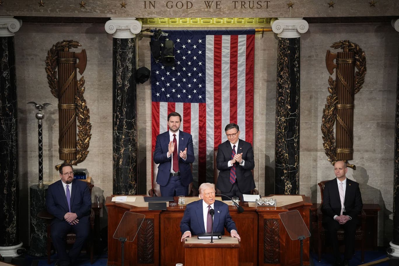 President Donald Trump, House Speaker Mike Johnson and Vice President JD Vance during Trump's last joint address to Congress