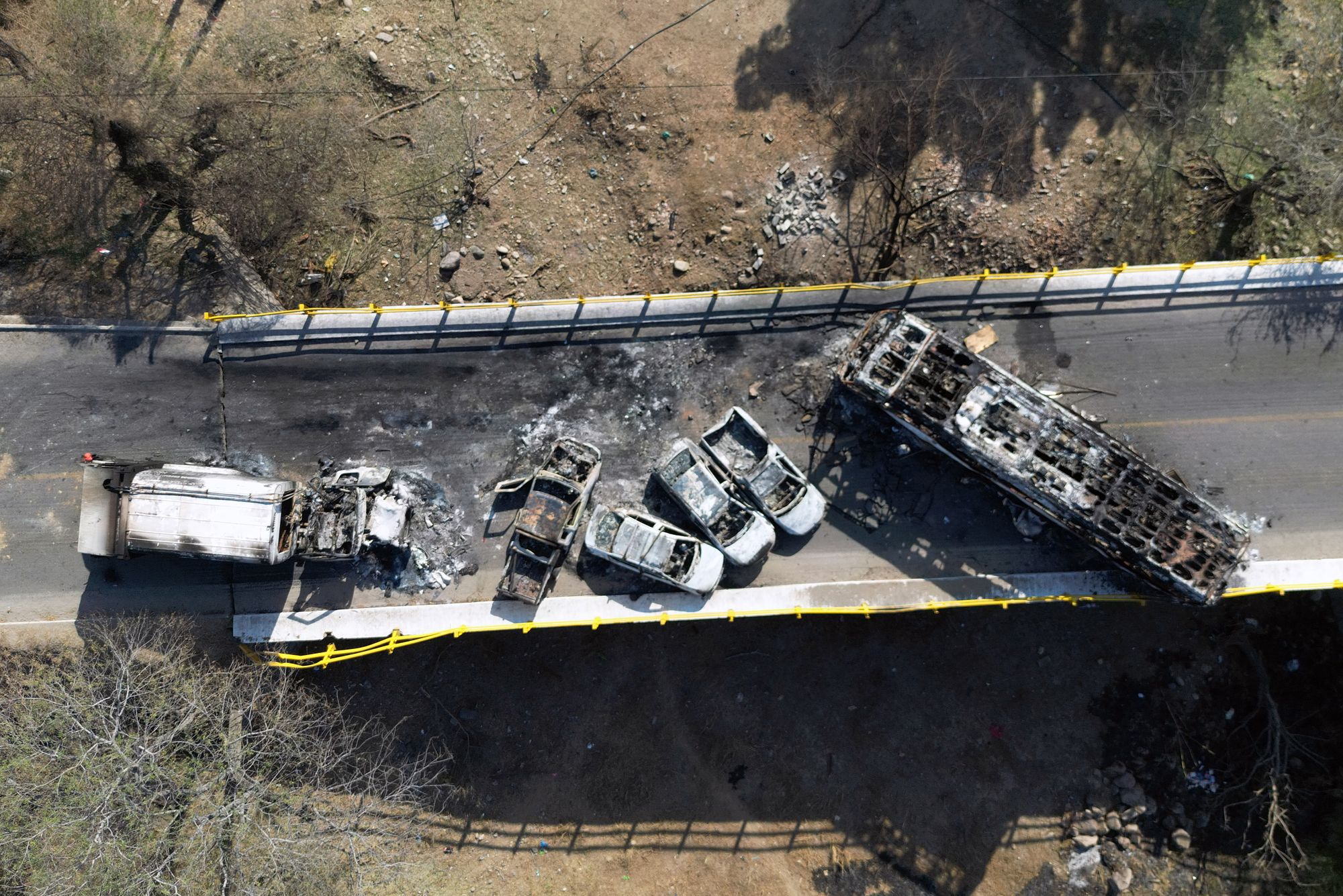 Aerial view of burned vehicles over the 