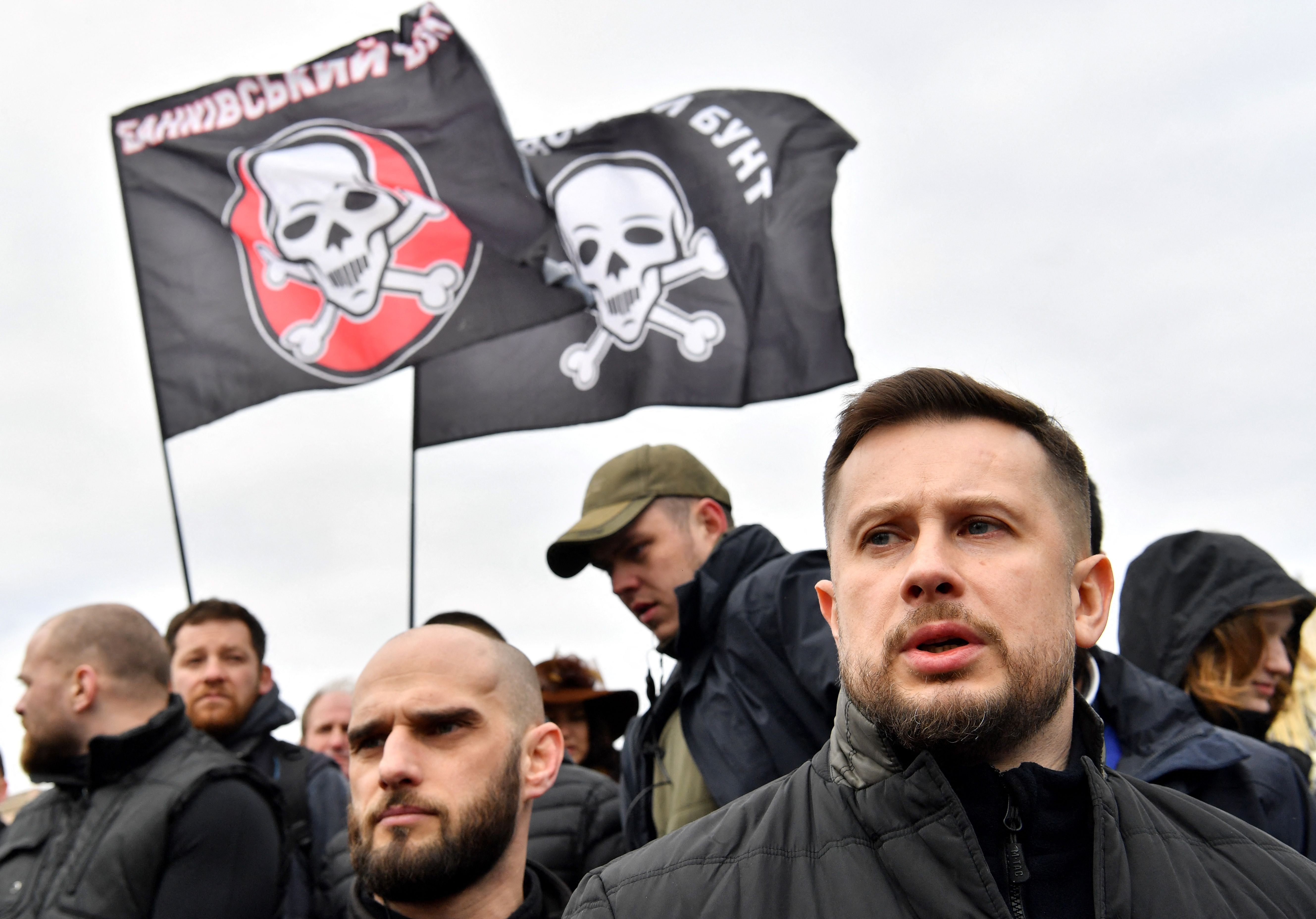 Andriy Biletskyi takes part in a National Corps rally on Independence Square in Kyiv in 2019