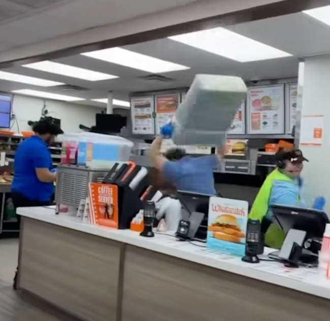 Patron-captured video of the interaction shows a manager hitting the suspect repeatedly with a trash can