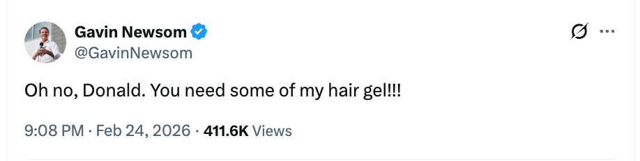 Newsom, who has a notable slick-backed hairstyle, wrote: ‘Oh no, Donald. You need some of my hair gel!!!’