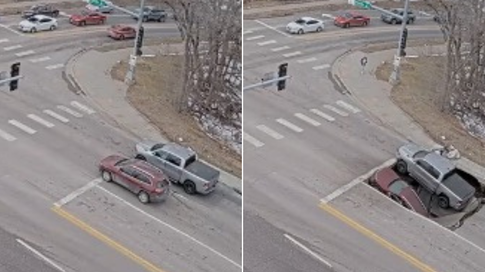 Cars plunge into sinkhole when road gives way at traffic stop