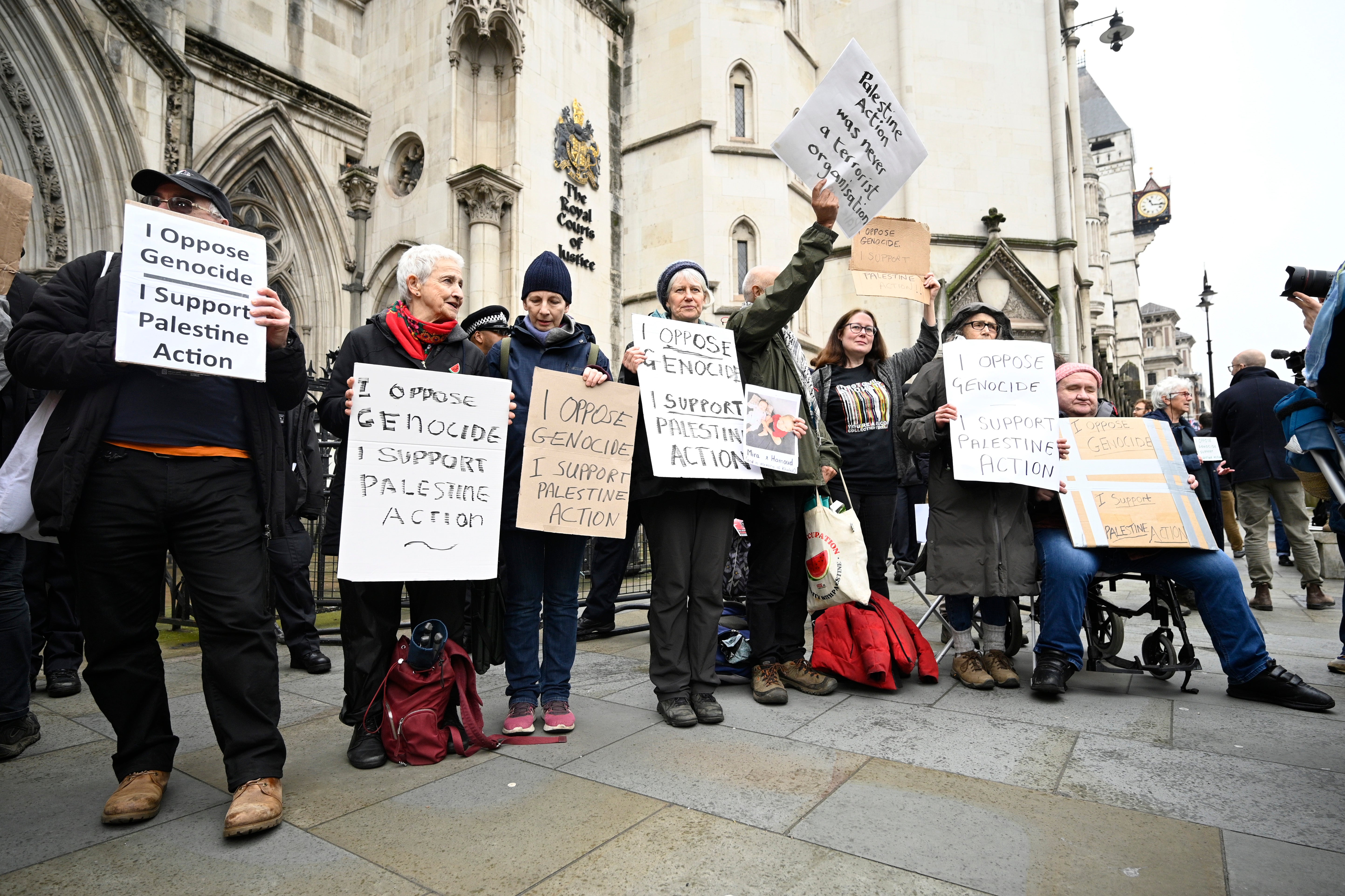 Demonstrators gather outside the Supreme Court during a ruling on whether the government's ban on Palestine Action is unlawful on February 13, 2026 in London, United Kingdom.