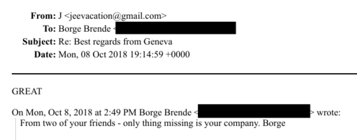ஜெஃப்ரி எப்ஸ்டீனுடன் போர்ஜ் பிரெண்டே சில காலம் தொடர்பில் இருந்ததாக சமீபத்தில் வெளியான மின்னஞ்சல்கள் காட்டுகின்றன