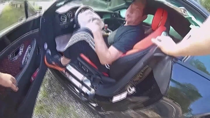 Police footage of McMahon after crashing his Bentley in Connecticut in February, 2026.