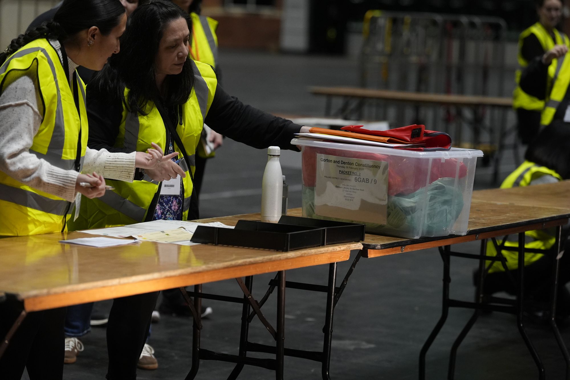 Ballot boxes begin arriving before votes are counted for the Gorton and Denton by-election at Manchester Central